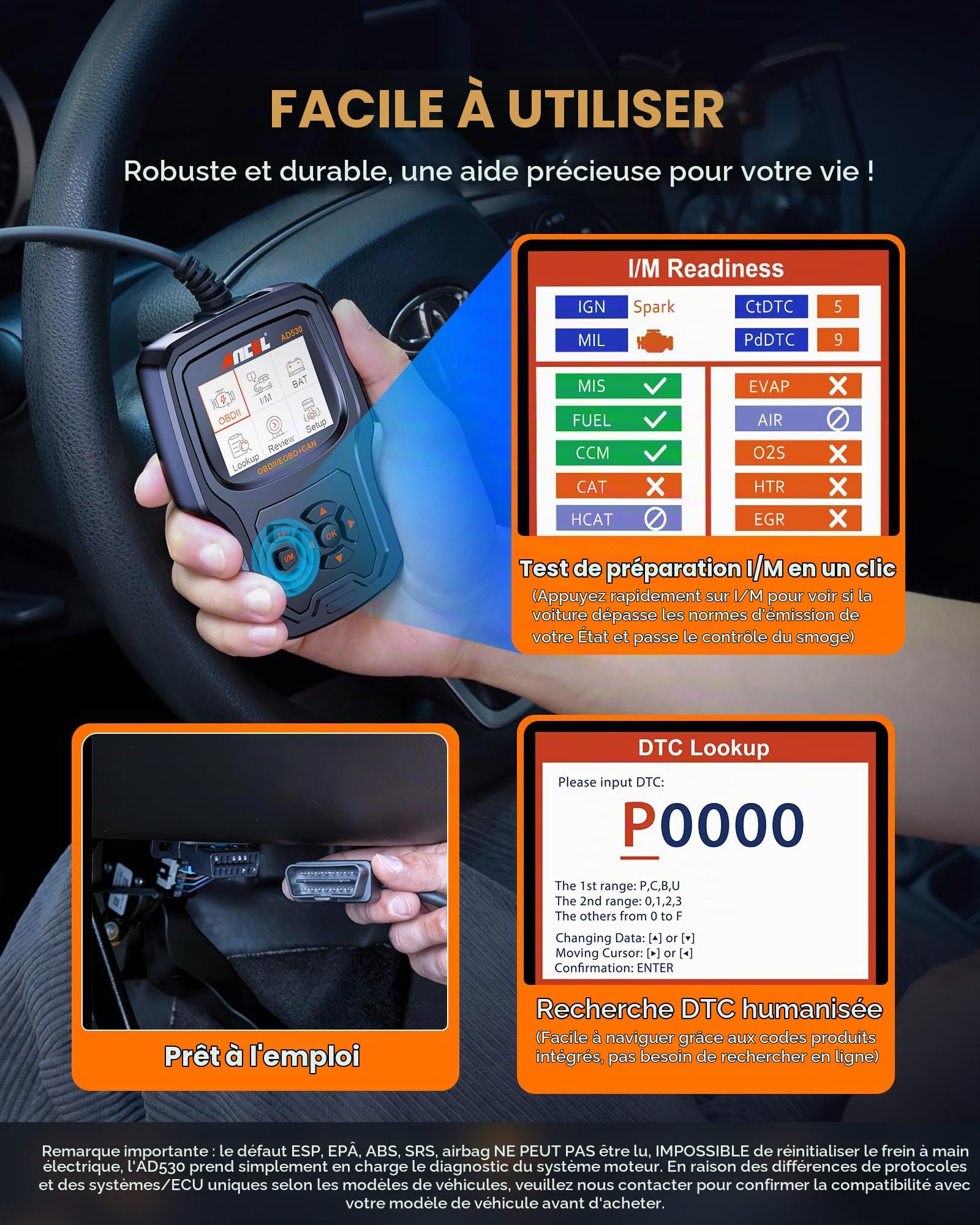 ANCEL AD530 Lecteur de Code OBD2 l'Outil d'Analyse Vérifier Le Voyant Moteur de Voiture Capteur O2 Scanner de systèmes EVAP avec Fonctions OBD2 Complètes et Amélioré Graphique État de la Batterie