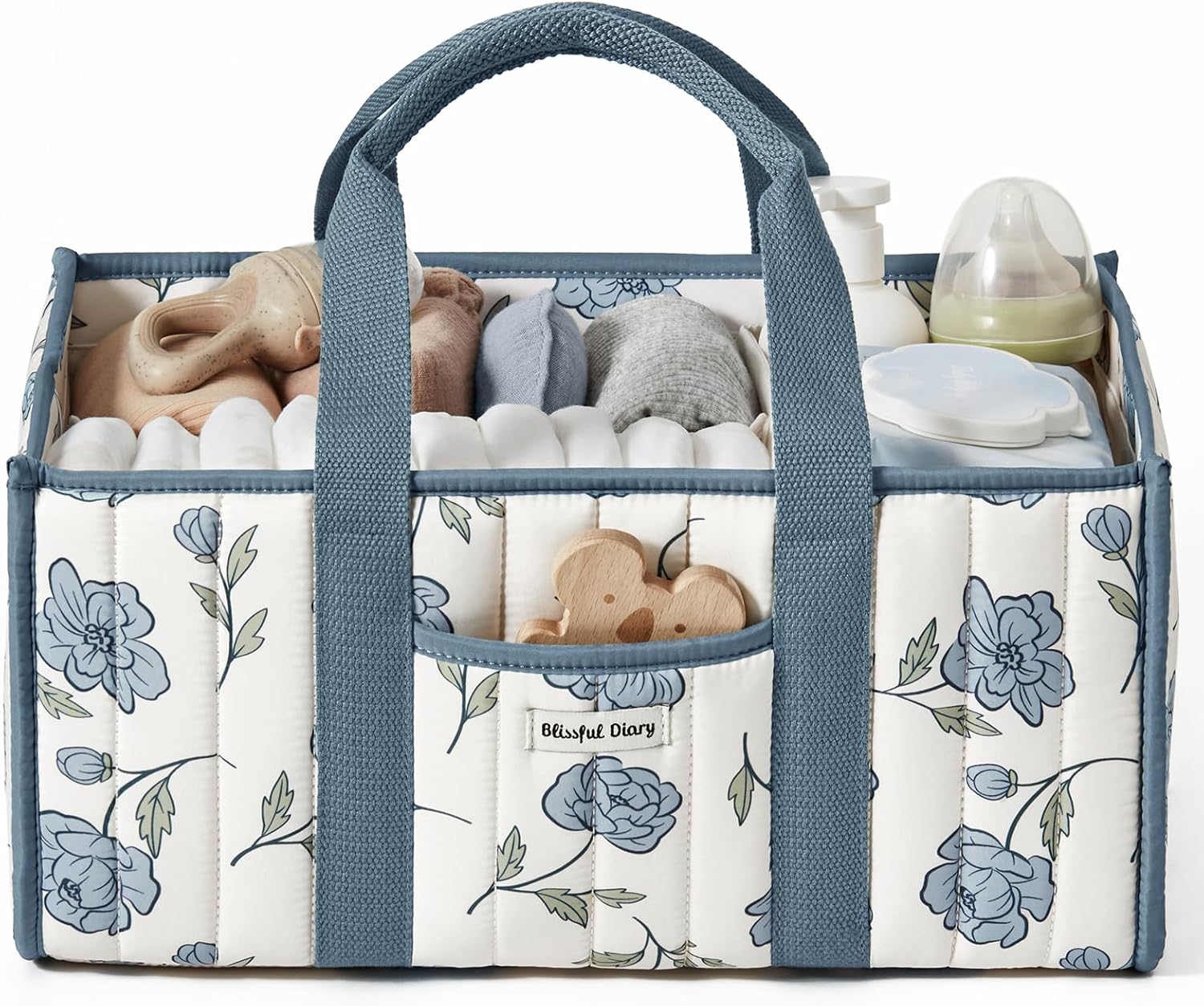 Blissful Diary Floral Diaper Caddy Organizer, Stylish Nursery Storage Basket, Gift for Baby Shower, Newborn Essentials, Peony Blue