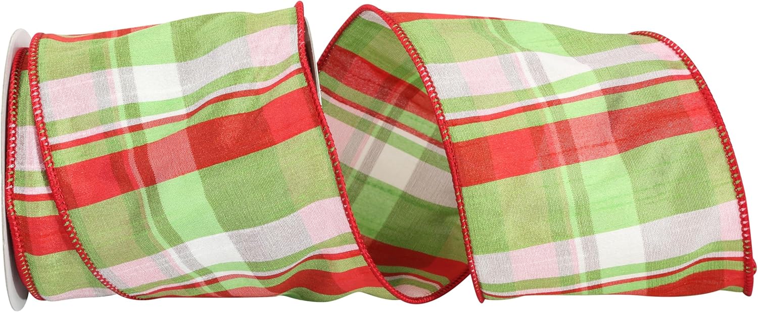 Reliant Ribbon ライム格子柄 Dupioni ワイヤーエッジリボン 4インチ x 10ヤード レッド/ライム