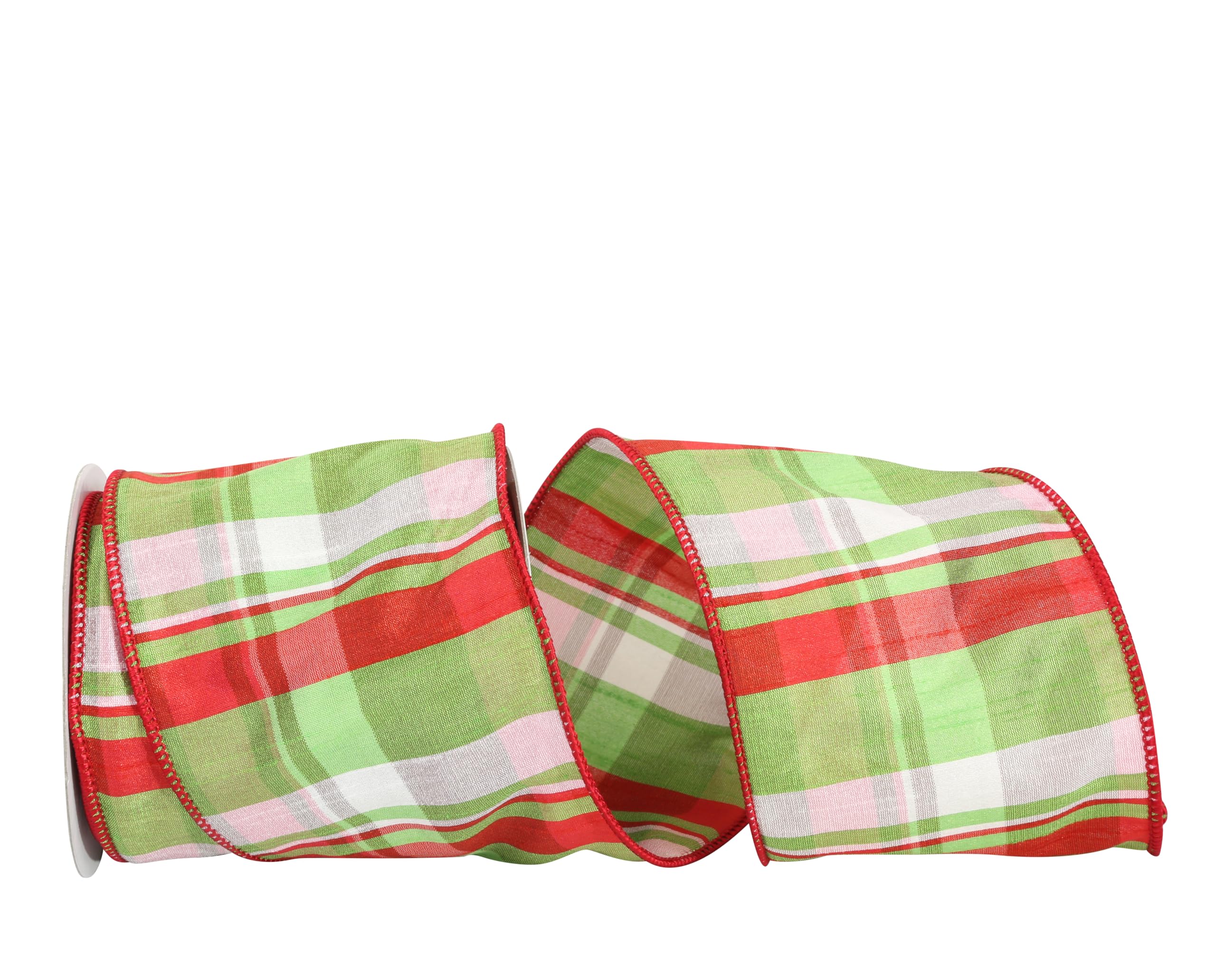 Reliant Ribbon Lime Plaid Dupioni Wired Edge Ribbon, 4 Inch X 10 Yards, Red/Lime