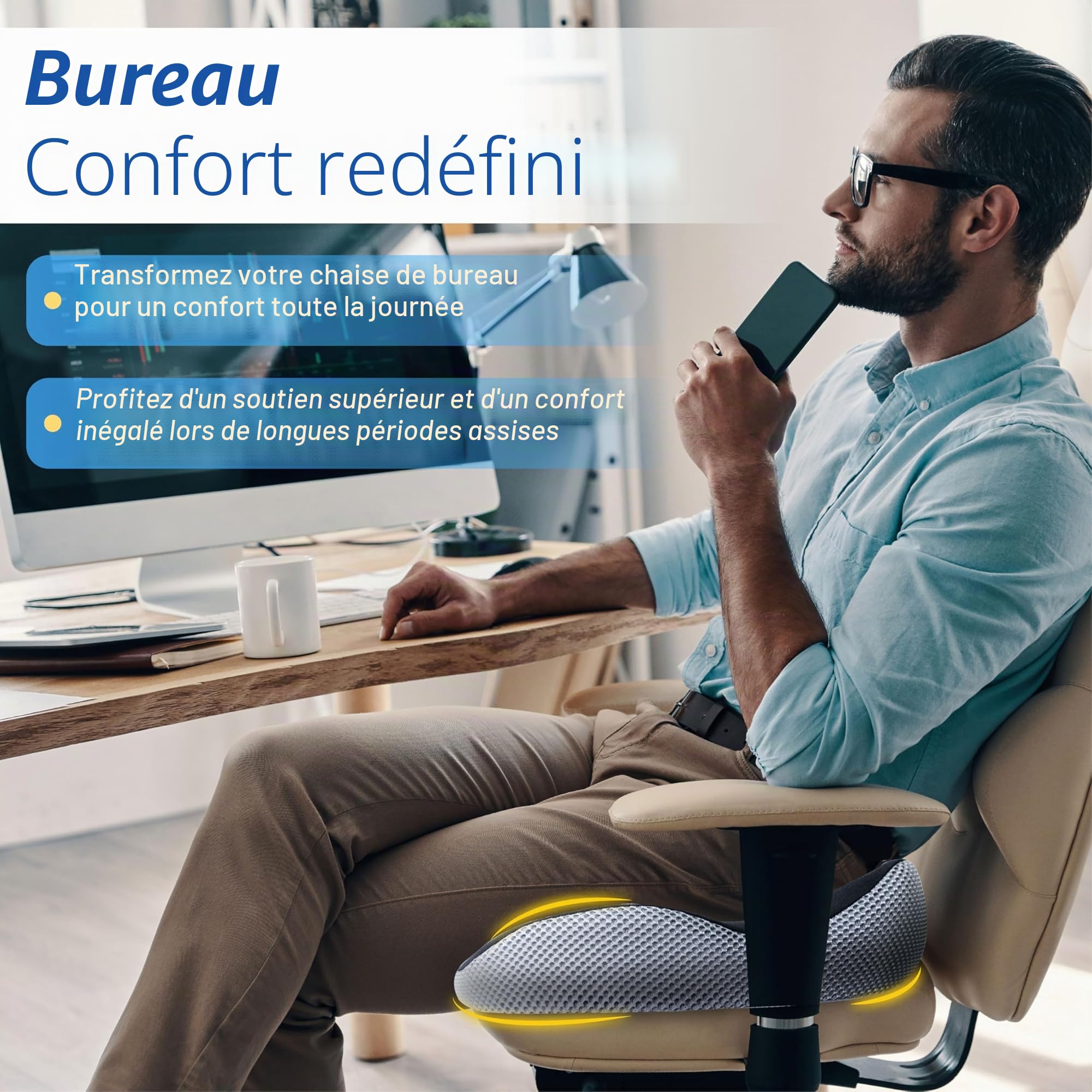 Coussin de siège de voiture, coussin ergonomique en mousse à mémoire de forme pour soulager la douleur sciatique, siège rehausseur adulte pour personnes courtes, coussin de voiture pour conduite