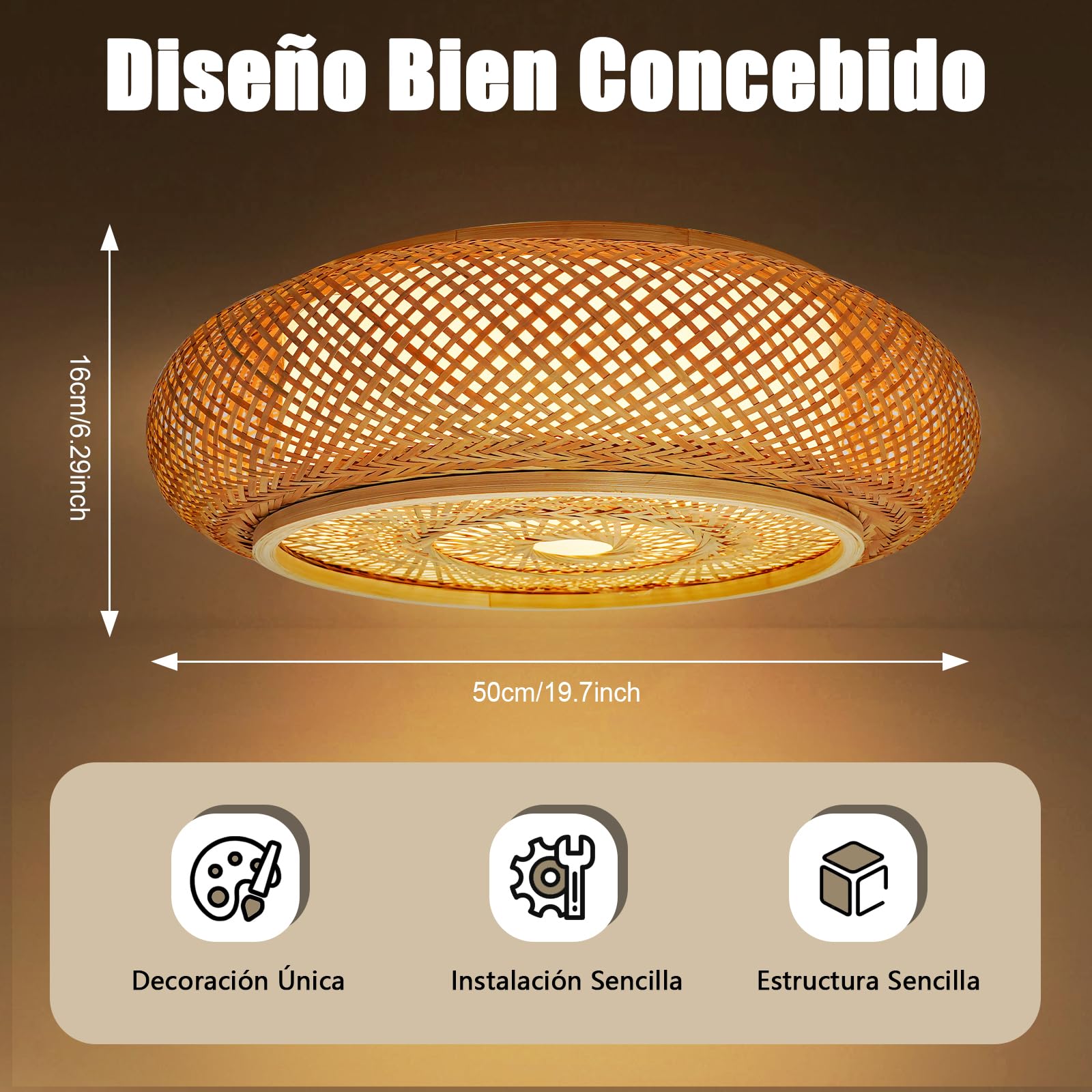 Lámpara de techo retro de bambú, 3 luces, País País, Boho, tejida a mano, lámpara LED de madera, 50 x 16 cm, lámpara colgante de ratán para LED/bombilla/lámpara fluorescente