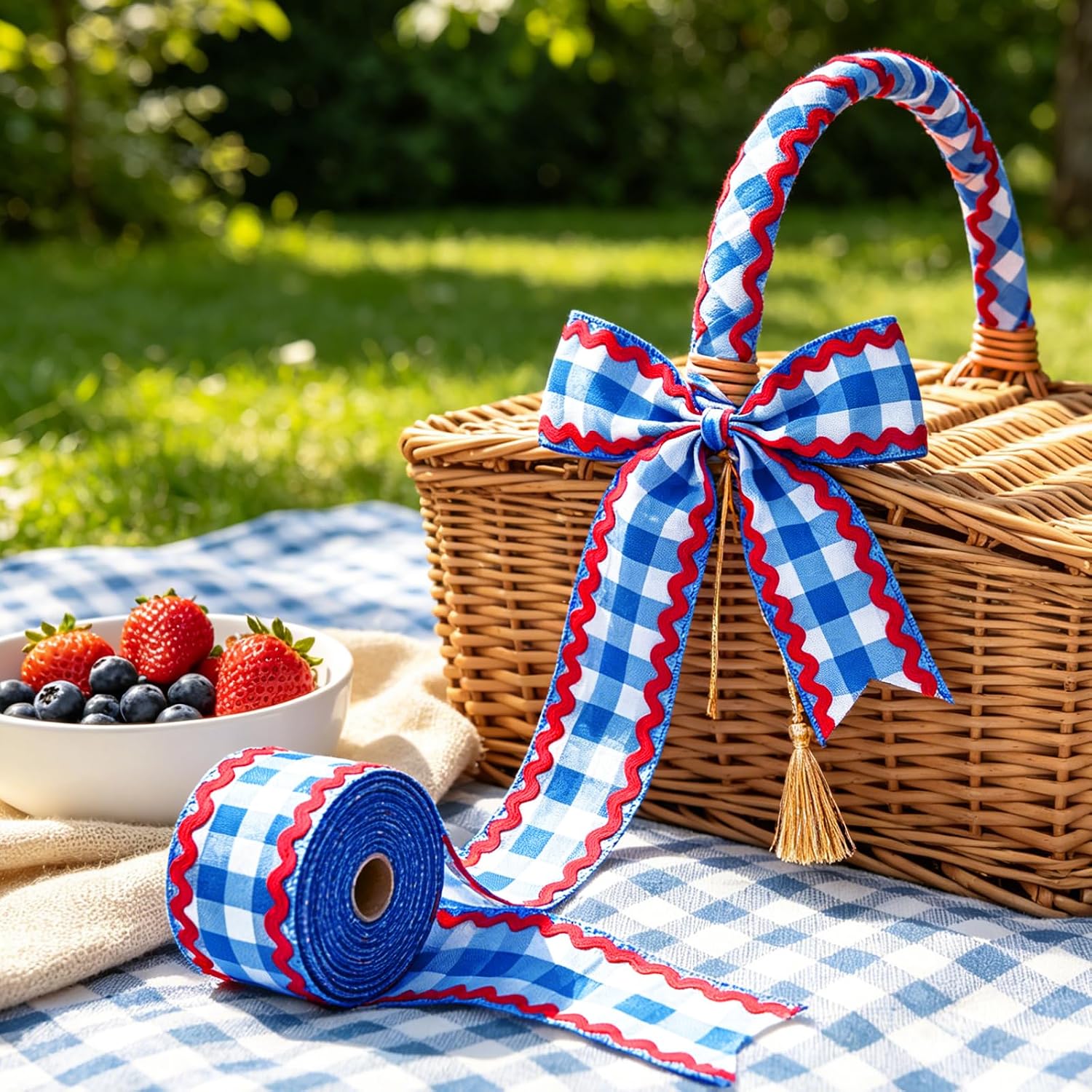 JarThenaAMCS Blue White Gingham Ribbon with Red RIC Rac Trim 2.5 Inch x 10 Yards Plaid Wired Fabric Ribbon for Floral Wreath DIY Crafts Gift Wrapping Holiday Home Party Decorations