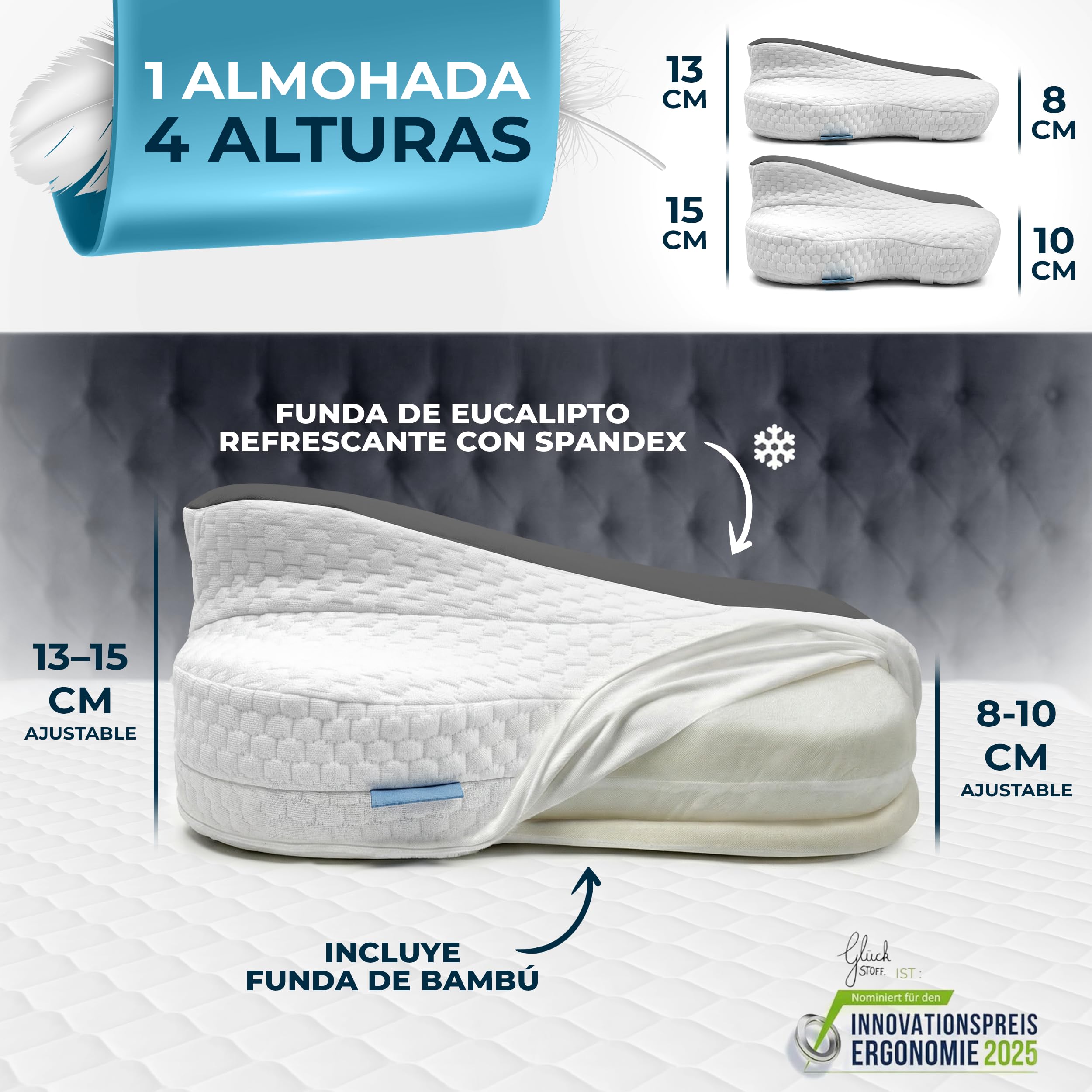 Glückstoff® Almohada Ergonómica [Nominado al Premio Innovación Ergonomía] Almohada Memory Foam | Almohada Cervical Ergonómica Rodillo Cervical Almohada para Dormir de Lado Gris