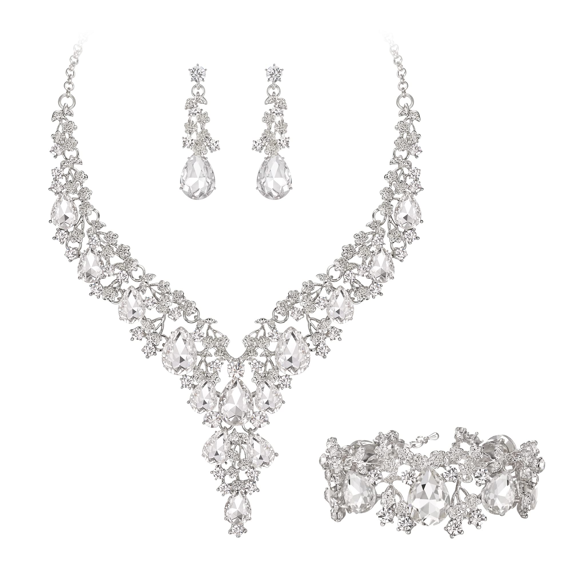 Donna matrimonio sposa austriaco cristallo Teardrop fiore cluster collana orecchini e bracciale set di gioielli per ballo