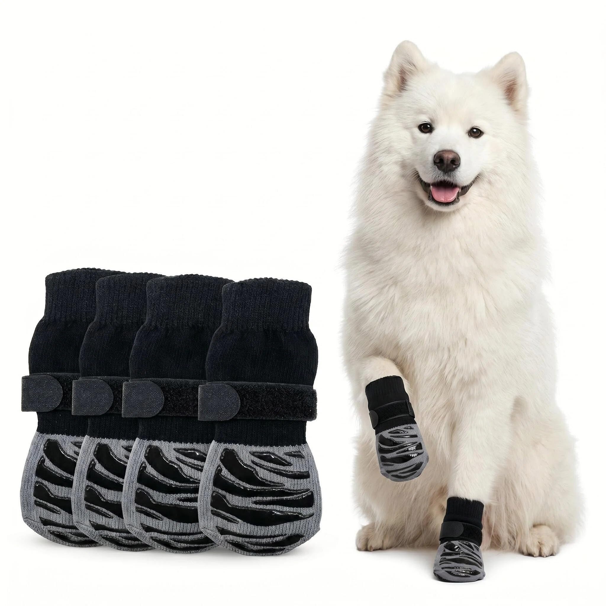 2 Pairs Dog Socks Paws Stop Licking Dog Paw Protectors Paw Socks Dog Shoes Dog Boots Anti-Slip Cotton Grip Pet Foot Cover with Adjustable Strap for Hardwood Floor Indoor Outdoor Recovery (M)