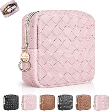 5.5" Small Makeup Bag for Purse, PU Leather Mini Cosmetics Bag with Ring Buckle, Portable Small Travel Makeup Pouch for Women, Birthday/Wedding/Christmas Gifts Large Plaid, Pink