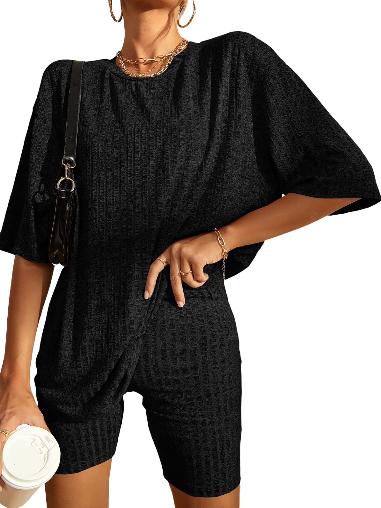 Timuspo Ribbed Pyjama Sets for Women Two Piece Tracksuits Outfits Short Sleeve Top and Cycling Shorts Summer Gym Activewear Set Loungewear