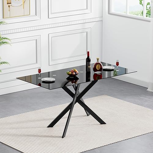 Miniatura 5 de HomVent Juego de mesa de comedor rectangular de vidrio de 7 piezas, juego de mesa de comedor de vidrio negro para 6 mesas de cocina con 6 sillas de