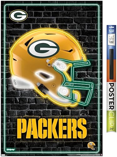Trends International NFL Green Bay Packers - Póster de pared con casco neón 23, 34 pulgadas de largo x 22.4 pulgadas, paquete de póster y clip