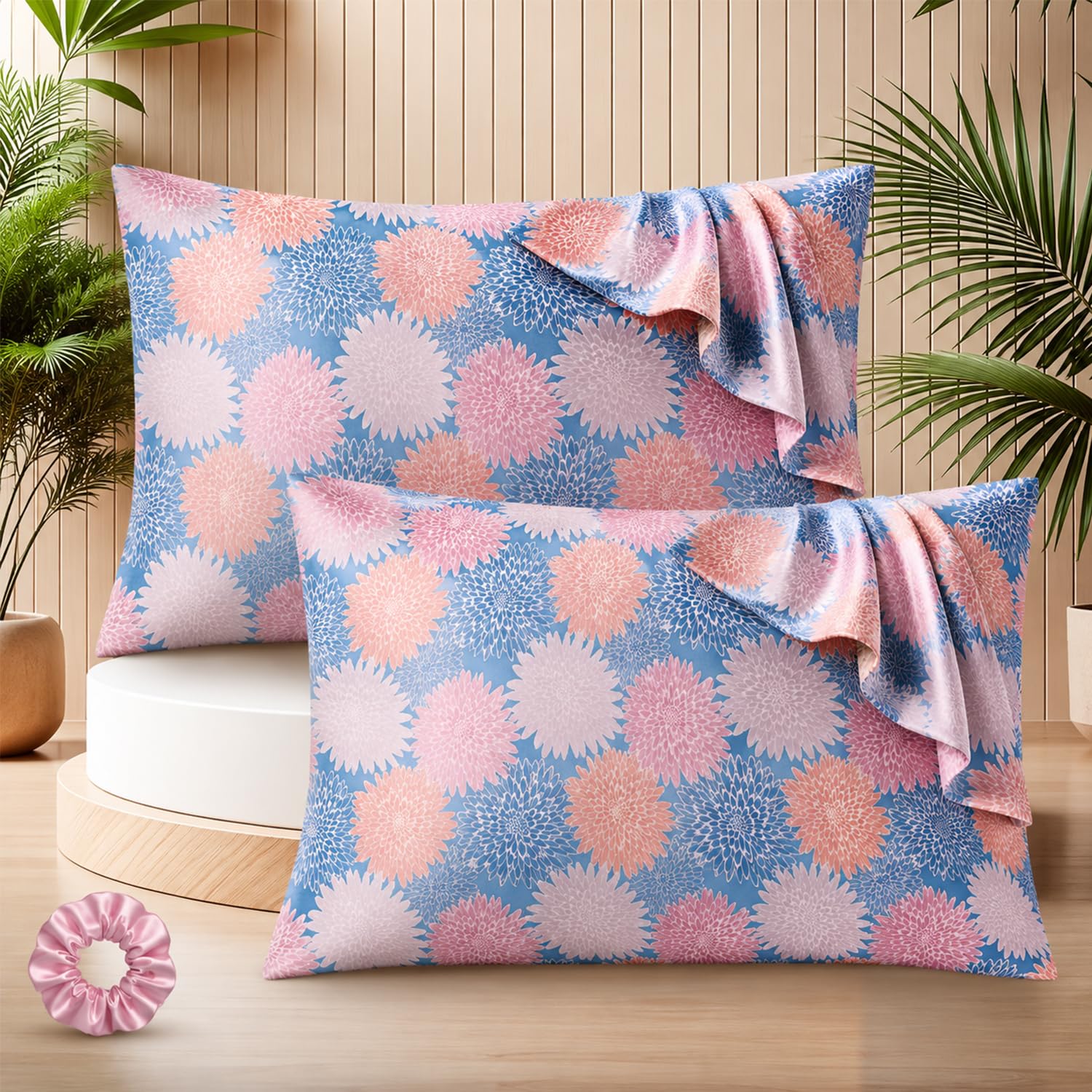 SITTELLA® 72x46 cm Set of 2|3D Satin Silk Pillow Covers | 600 TC Soft Pillowcase for Hair & Skin | Envelope Closure | Marigold |1 Free Scrunchie Included