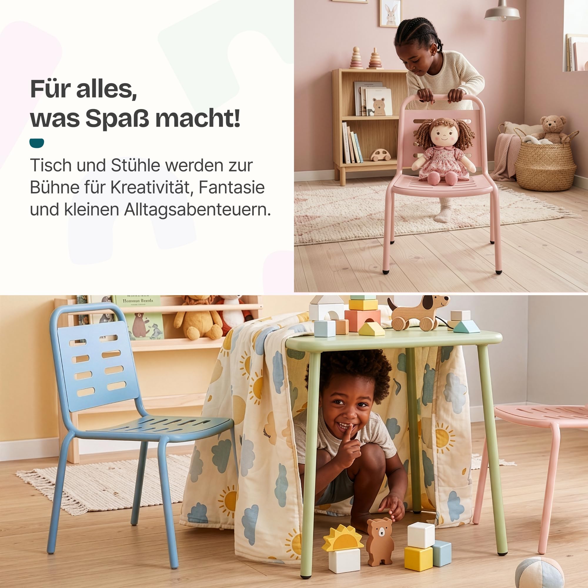 casa.pro Kindersitzgruppe Etroubles Kindertisch mit 2 Stühlen Kindertisch Kinderstuhl Sitzgruppe Outdoor Indoor Gartenmöbel Kinder Kindermöbel Kindersitzgarnitur Stahl Mehrfarbig