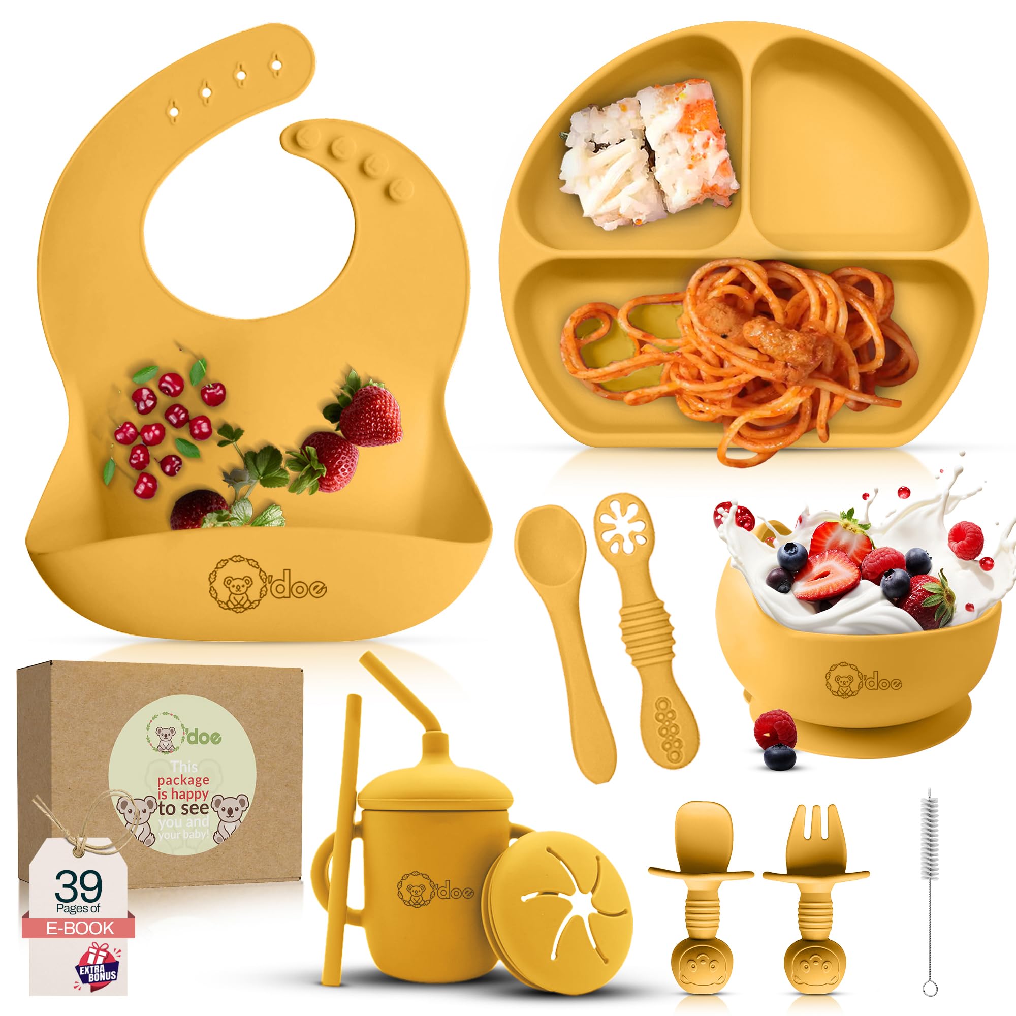 o'doe 11-Piece BPA-Free Silicone Baby Feeding Set | Thick & Soft Suction Plates, Baby Food Bowl, Wooden Fork & Spoon, and More | Make Mealtime Fun and Easy for Your Little One |Yellow V1-image-48