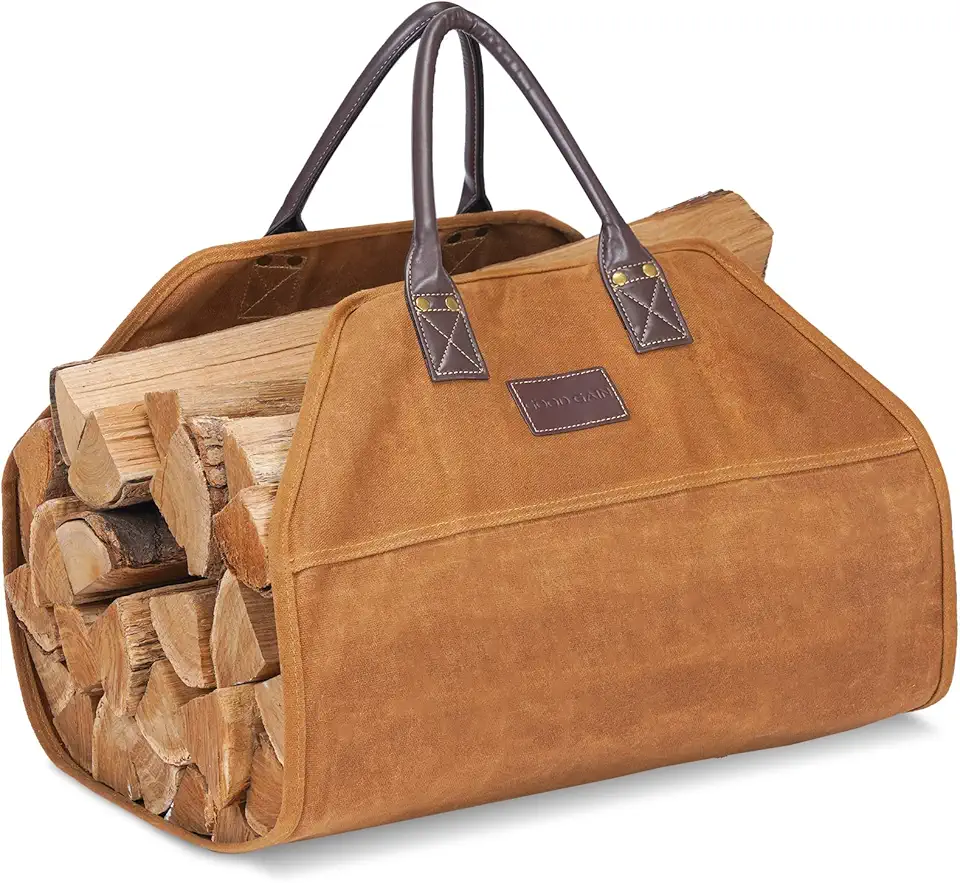 Waxed Canvas Firewood Carrier with Leather Handles