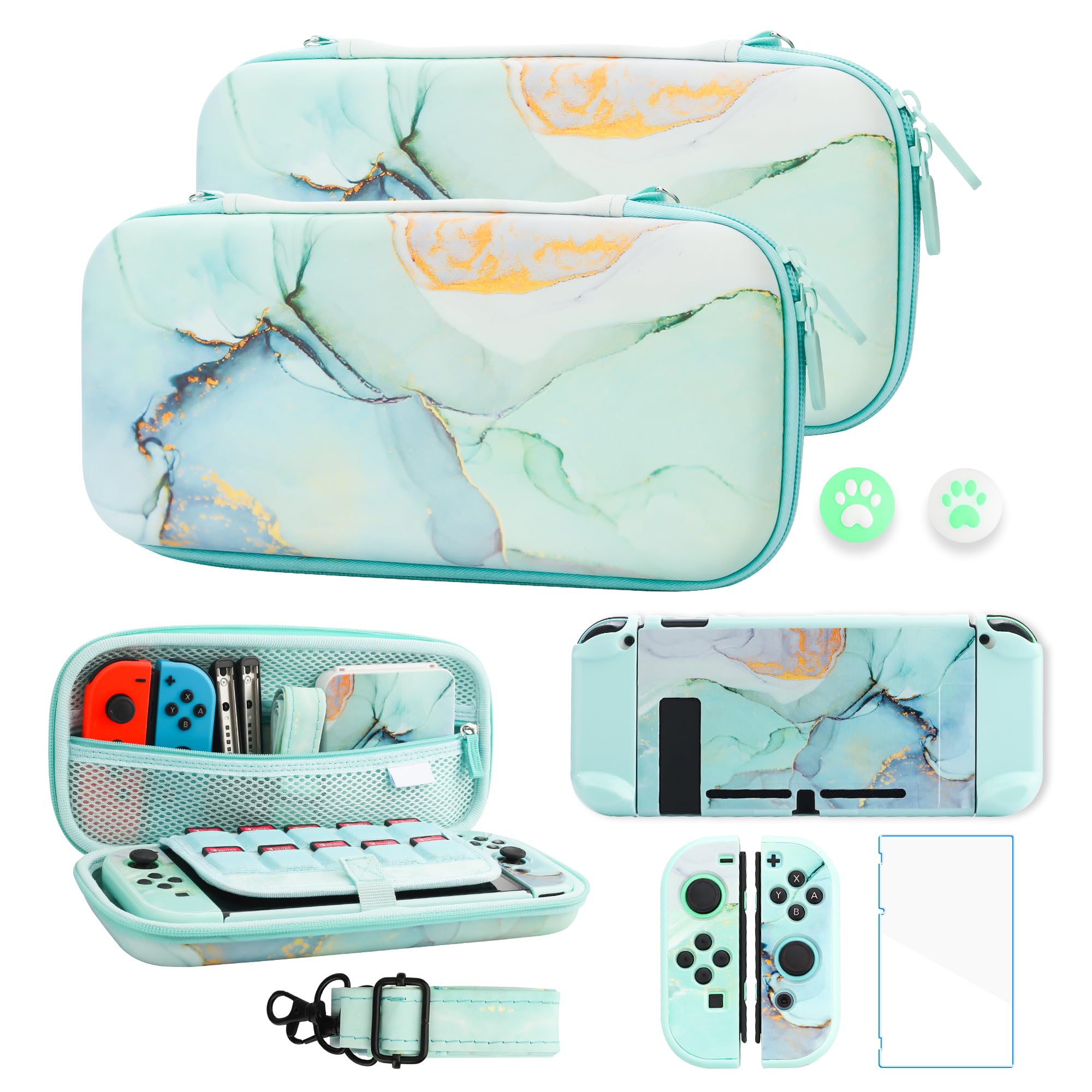 GLDRAM Marble Grain Carrying Case for Nintendo Switch OLED, Portable Travel Case Bundle with Dockable OLED Protective Skin, HD Screen Protector, Adjustable Shoulder Strap and 2 Thumb Caps (Green)