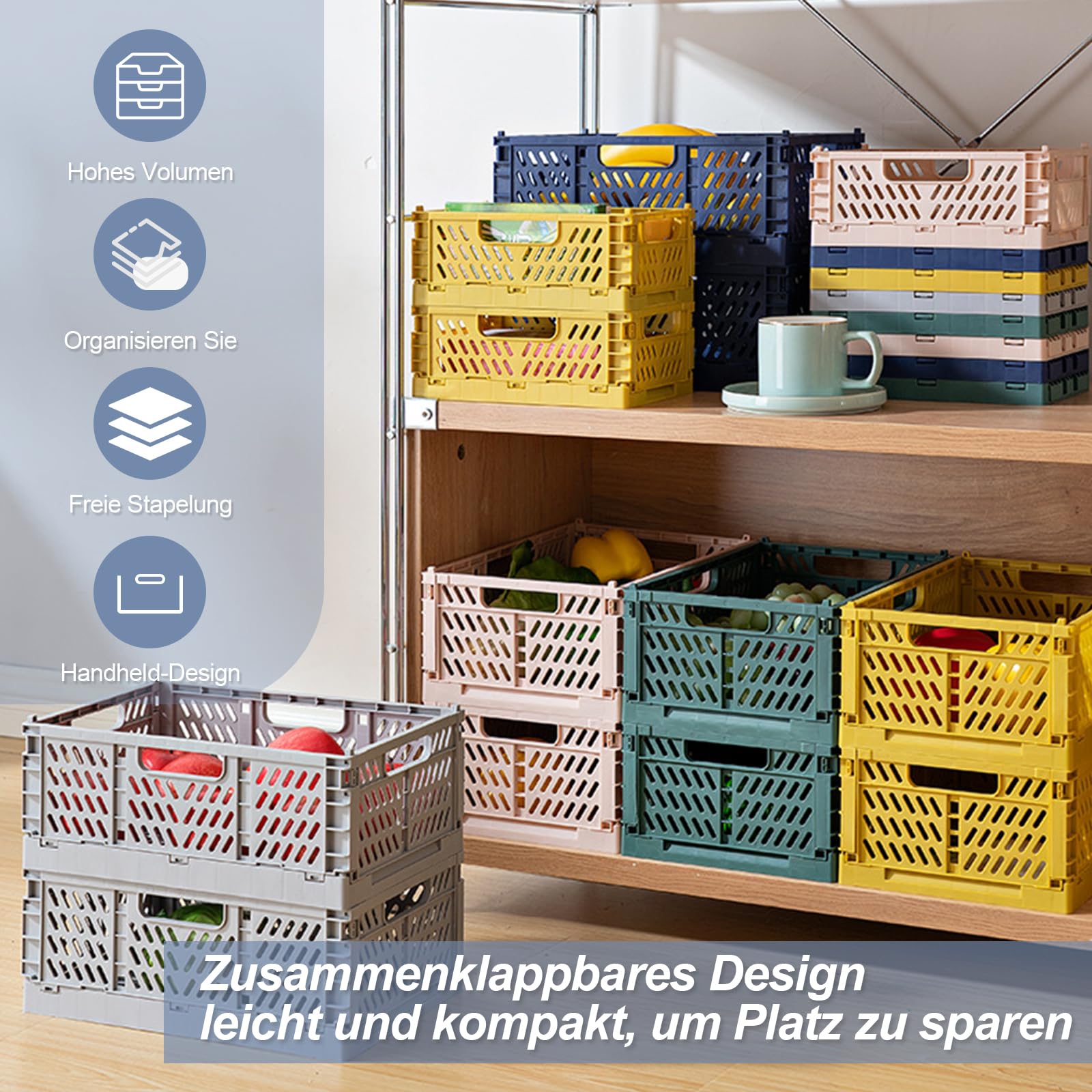 2 Stück Faltbare Kunststoff Aufbewahrungsbox, Einkaufskiste Klappbar, Stabil Klappboxen Faltbar für Küche, Büro, Schlafzimmer, Schrank, Schublade (Blau, 22*14.7*9.3)