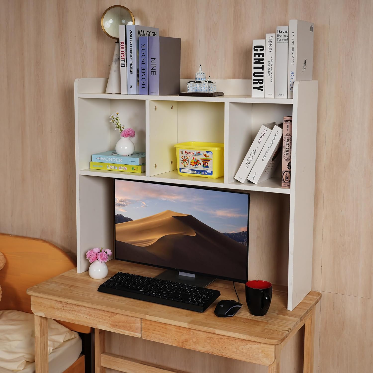 Desktop Bookshelf, Wooden Desk Hutch with 3 Shelves, 3-Tier Desk Shelf Display Rack, Desk Bookshelf for Dorm Office Home,Countertop Storage Organizer for Computer Desk (White)