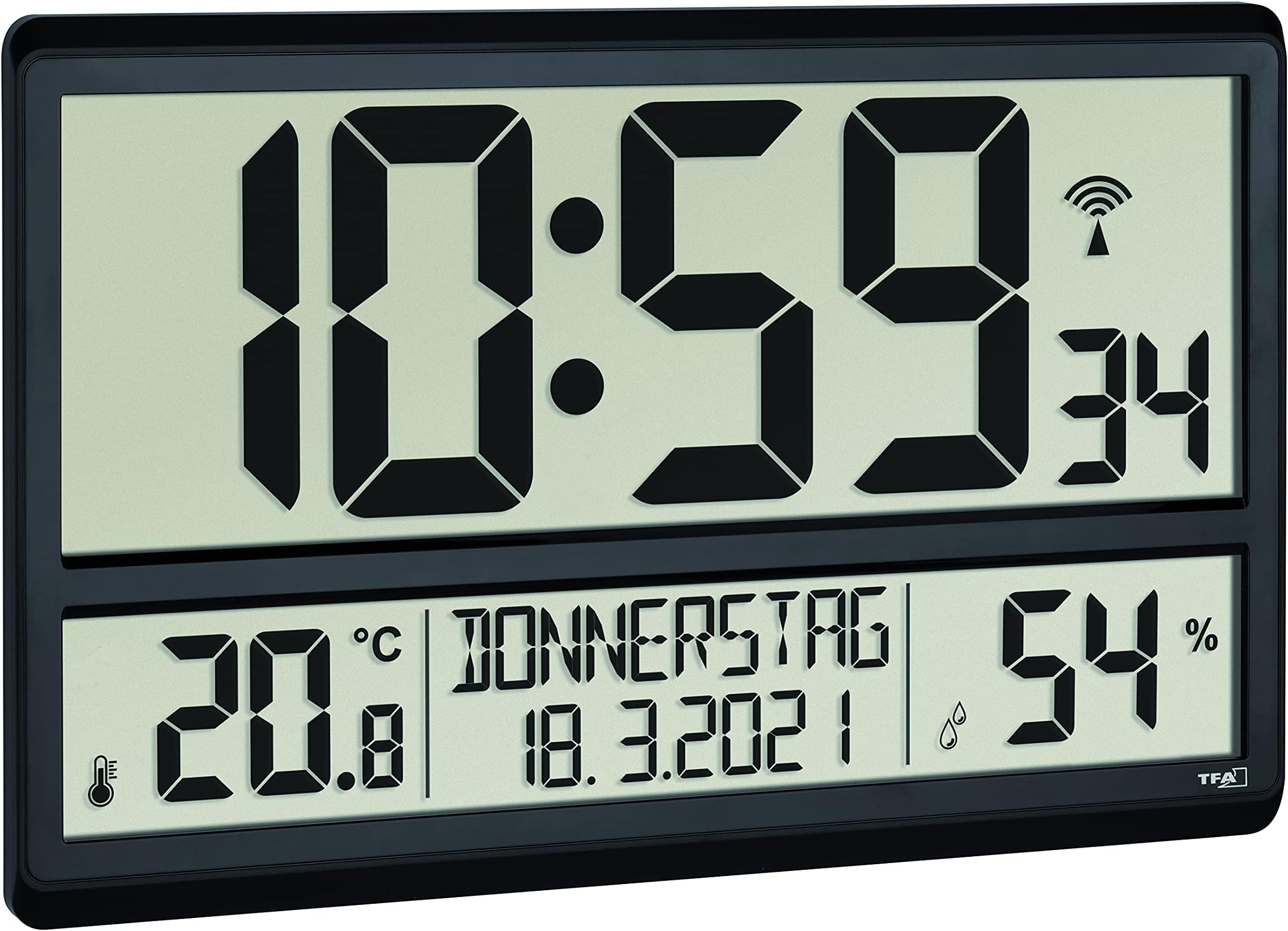 TFADostmann XL 60.4520.01 Digital Wall Temperature and Humidity, Day of The Week (8 Languages), Radio Clock, Easy to Read, Large, Black, (L) 360 x (B) 235 x (H) 28 (84) mm