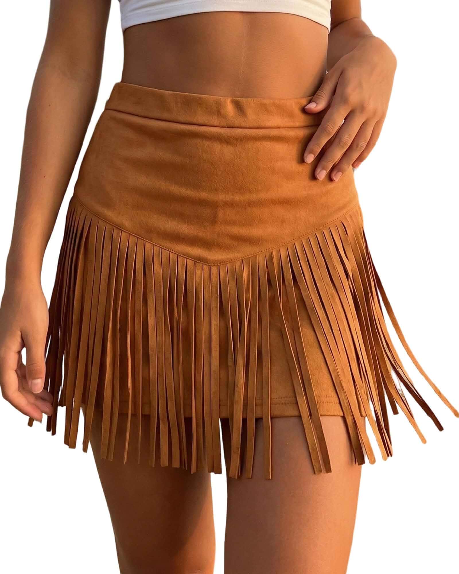 MBZJSDKHLK Women Suede Fringe Mini Skirt Western Cowgirl Skirts Country Concert Outfit