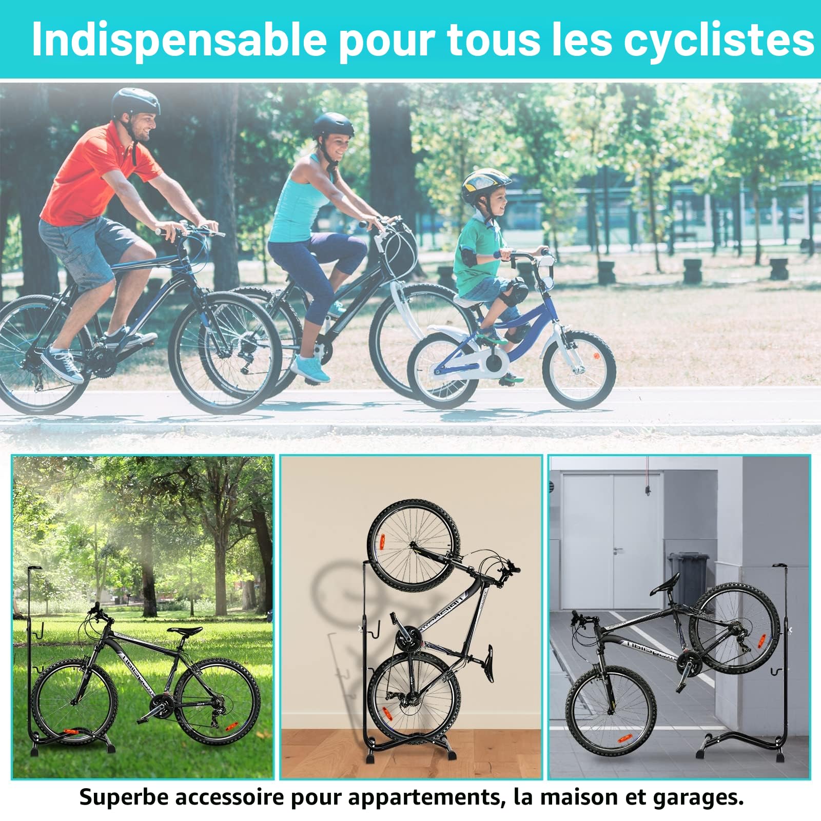 Lot de 2 béquilles de vélo 3 en 1 au sol 20 à 27.5 pouces Support de maintenance horizontal et vertical, hauteur réglable, convient pour roue avant ou roue arrière