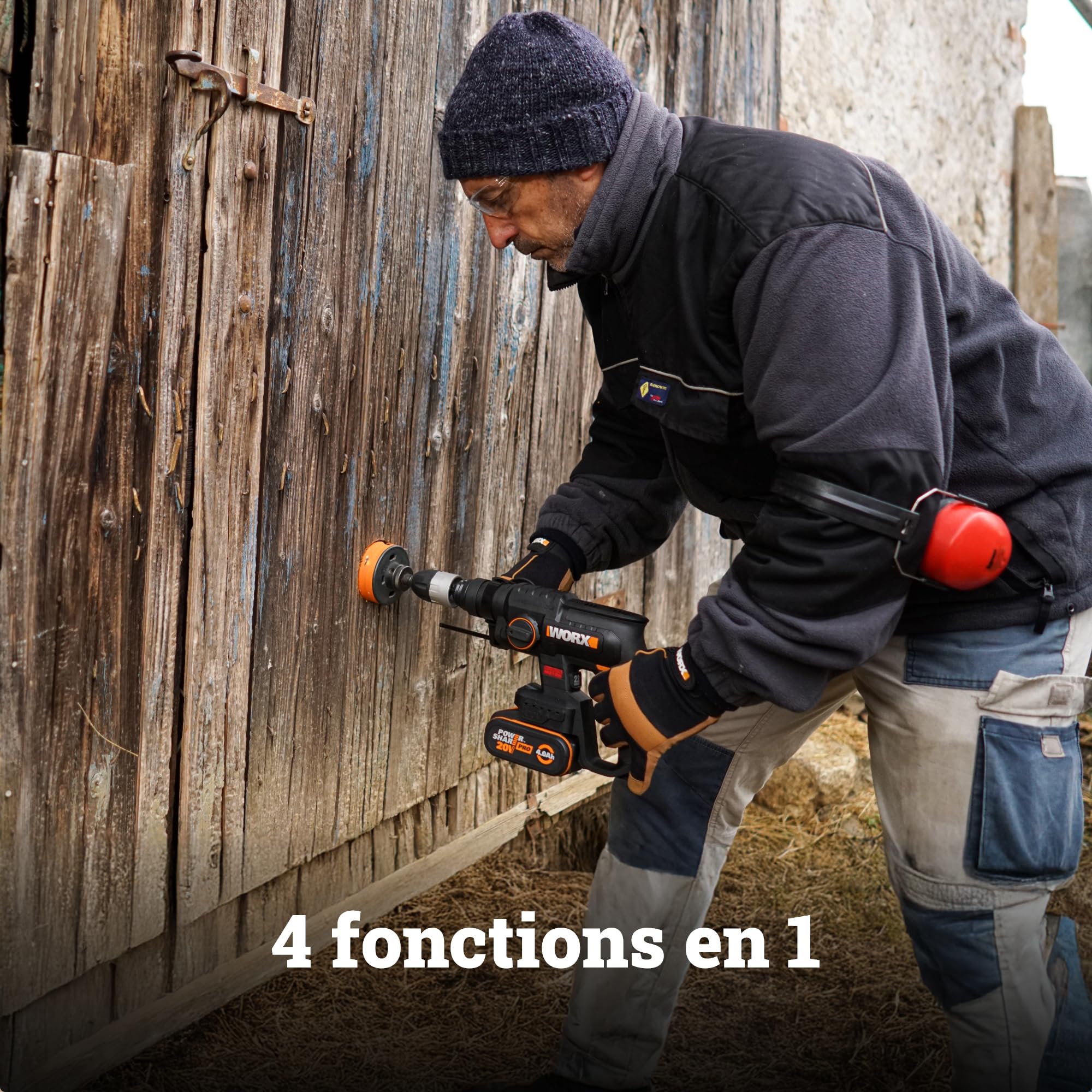 WORX Perforateur sans fil Brushless 20V WX381, 2J, 3 en 1, Perçage, Percussion, Burinage dans tous les matériaux, antivibrations, livré avec 1 Batterie 4Ah, Chargeur et Accessoires