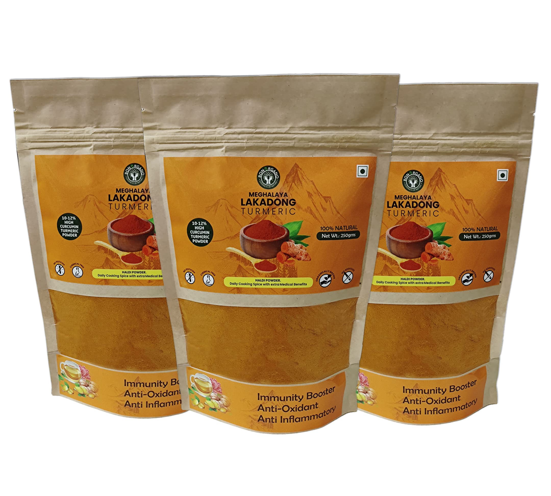 Bon Organo Meghalaya Lakadong Turmeric Powder, 750gms (250gms*3), High Curcumin (10-12%) | Sourced from Meghalaya
