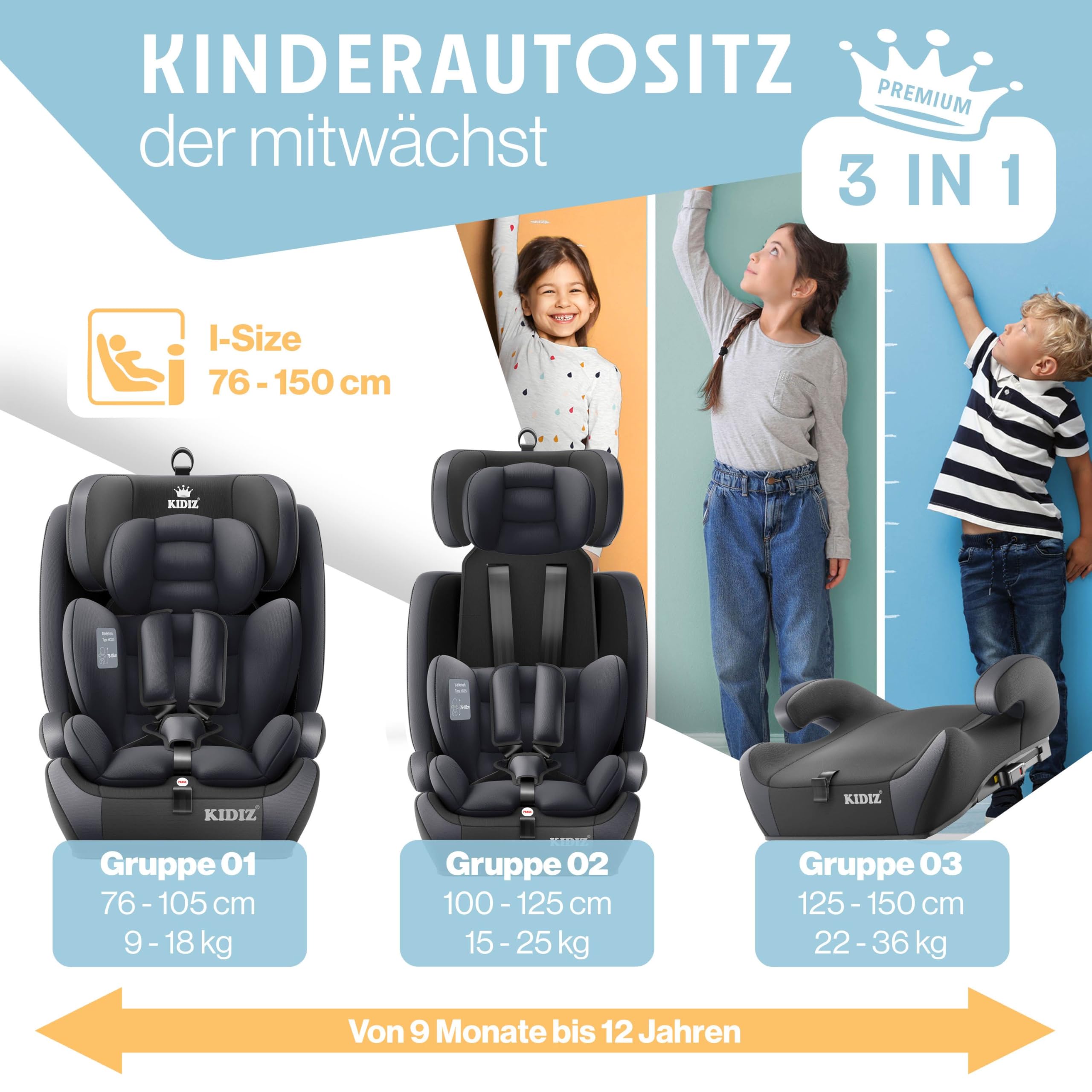 KIDIZ® Autokindersitz mit Isofix i-Size R129 100-150cm Gruppe 1/2/3, 5-Punkt-Gurt, höhenverstellbare Kopfstütze, Anthrazit