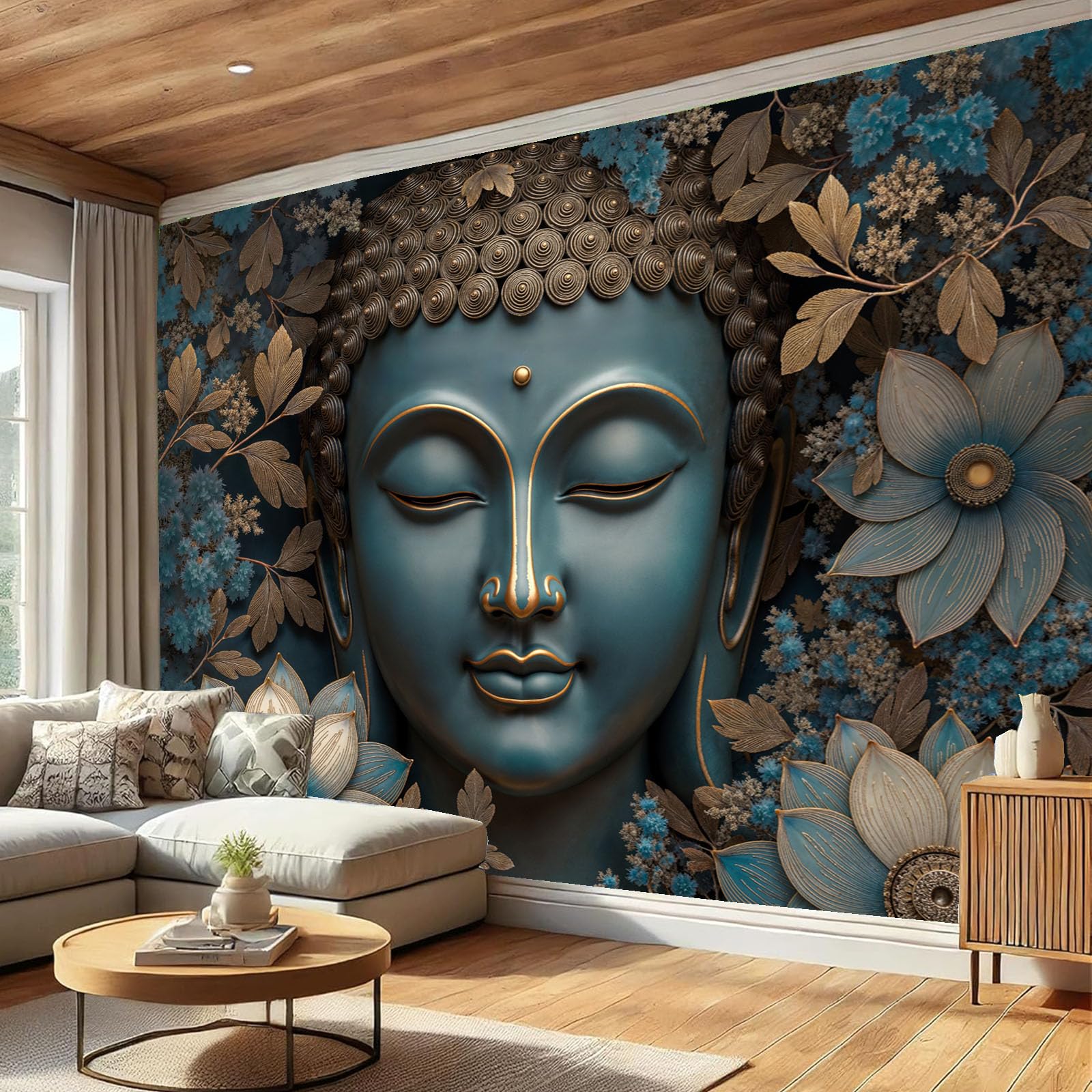 Carta Da Parati Fotografica Scultura Floreale Zen 3D Panorama Piante Bronzo, Paesaggio Lusso Per La Meditazione Carta Per Pareti Soggiorno Camera Da Letto Fotomurali In Tessuto Non Tessuto, 400X280Cm