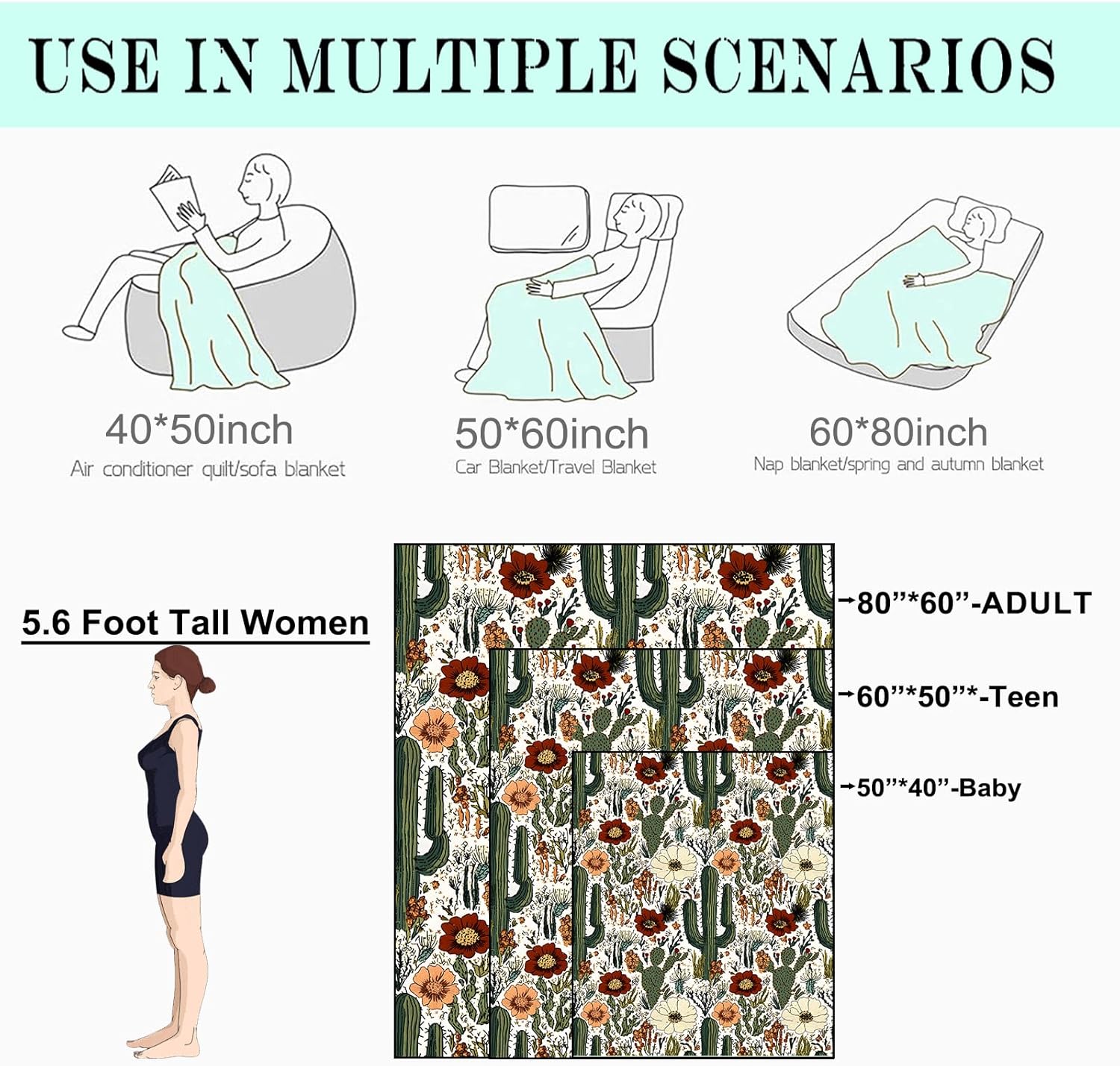 Cactus and Flower Fleece Blanket - 50x60in Desert Cacti Southwestern Throw Blankets,Soft Cozy Lightweight, Ideal for Living Room Home Rustic Spring Decor and Kids Women Girls Gifts - Image 3