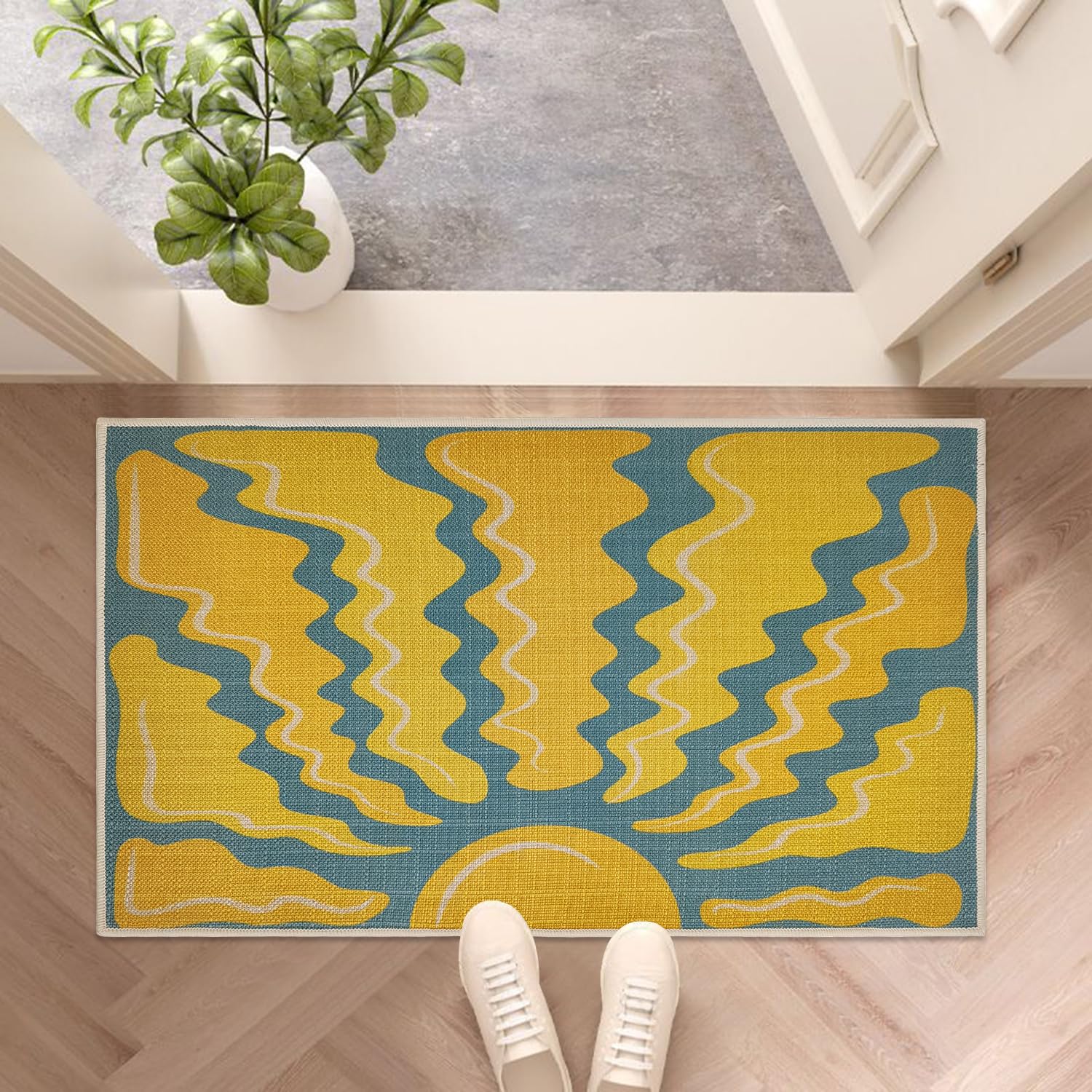 Ultra Thin Linen Door Mat 17"x30", Low Profile Outdoor Indoor Entrance Mat with Boho Pattern, Non Slip Rubber Backing Dirt Trapper Floor Rug, Washable