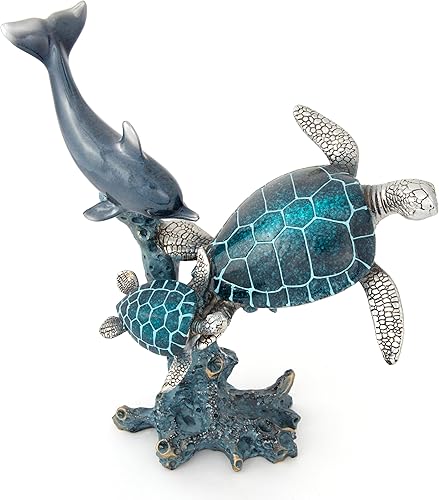 Miniatura 6 de Estatua de tortugas de delfín nadando sobre una base de arrecife de coral, decoración de 2 tortugas para mesa del hogar