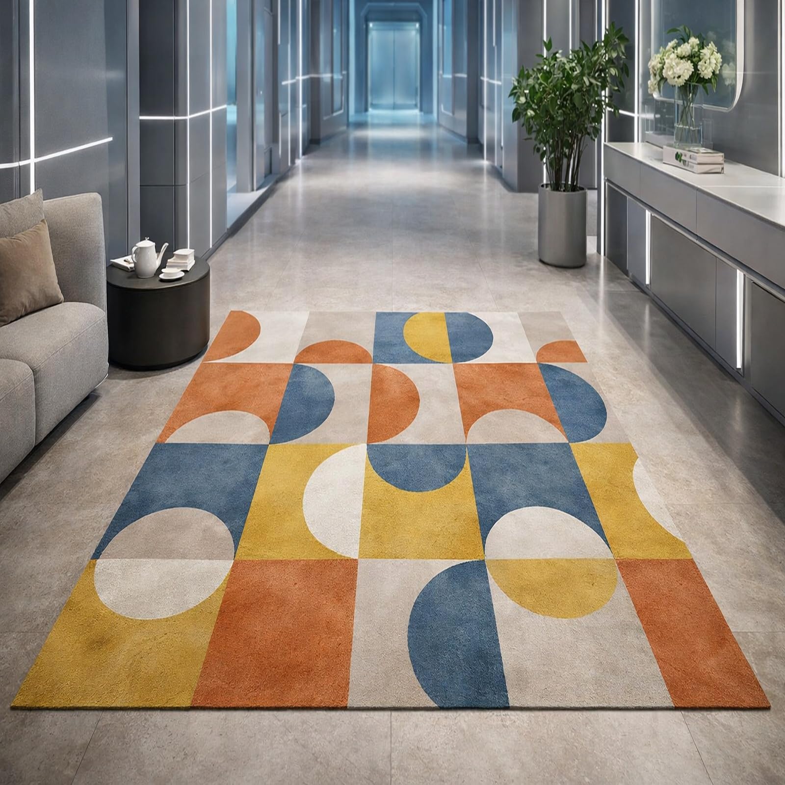 Tapis poils courts géométrique orange et bleu 100x160 cm pour salon et chambre moderne
