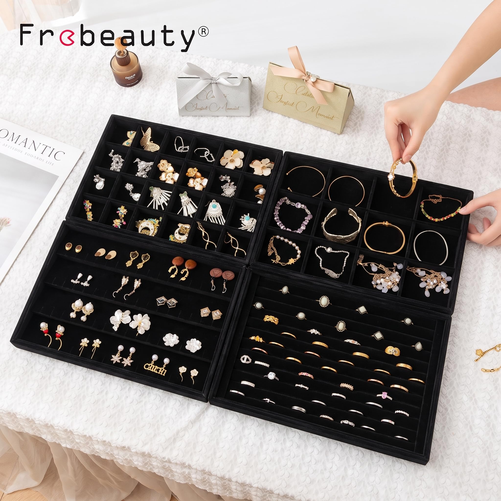 Frebeauty Stackable Velluto Gioielli Organizzatore Vassoi per Cassetti Inserti Gioielli Storage Vassoio Display Caso, Orecchini Stud Bracciali Collana Anelli Accessori Vassoi per Donne(Set di 4,Nero)