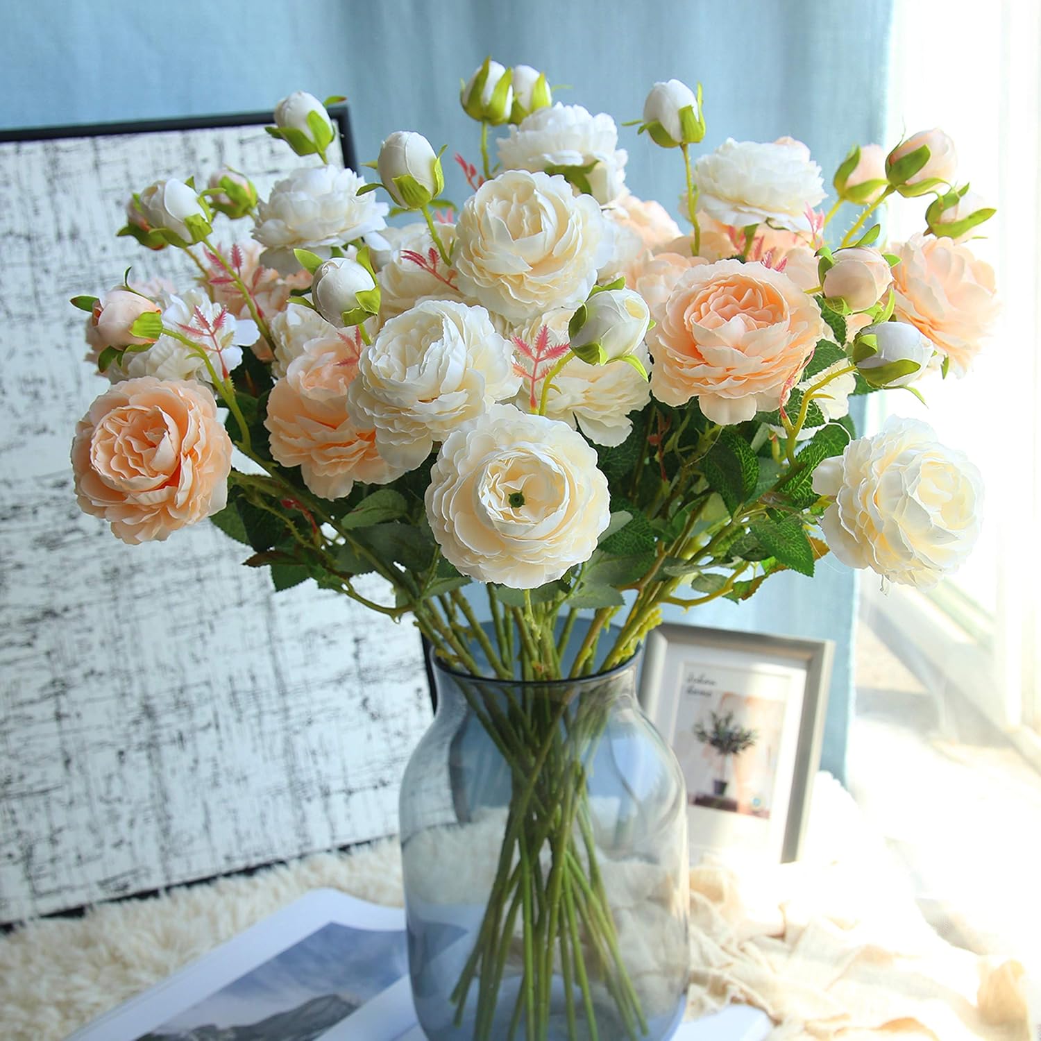 Artificial Flower 12pcs 24'' Silk Peony Long Stem with 2 Blossoms and 1 Bud Faux Flower for Wedding Bridal Bouquet Bridesmaid Home Décor Office Baby Shower Centerpiece(Champagne)