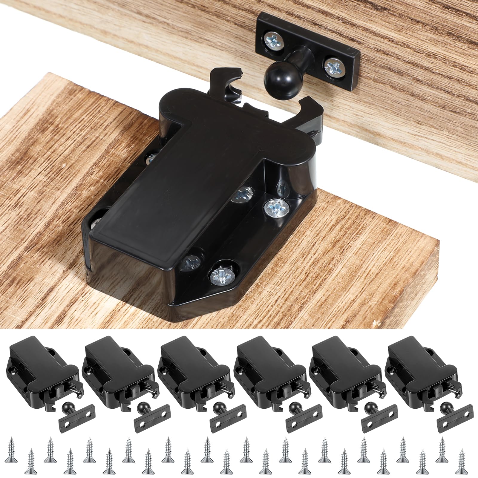 Loquet à pousser noir en lot de 6 pour armoires et portes de cuisine sans poignée
