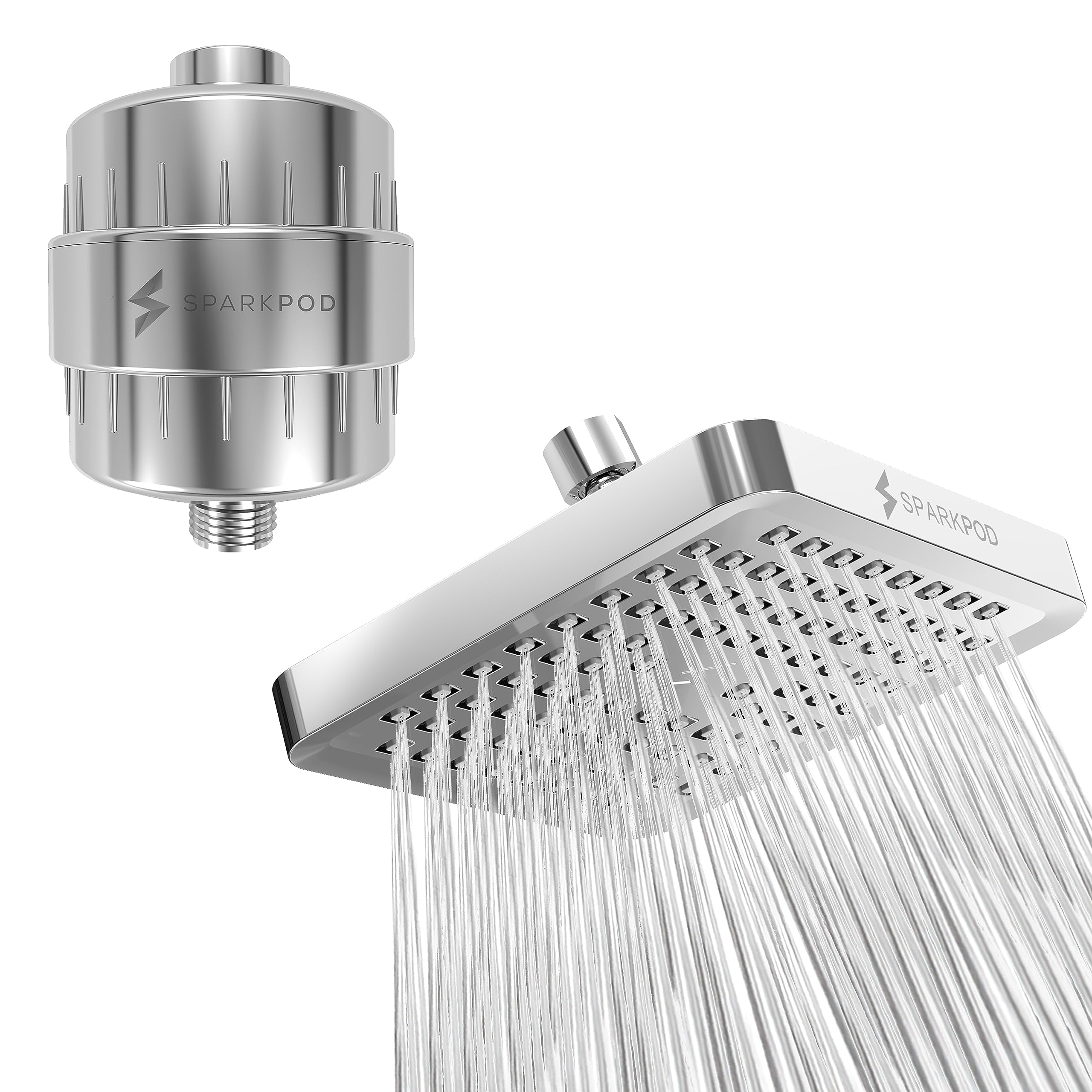 SparkPodChrome High-Pressure Square Rain Shower Head + Matching Shower Filter Capsule - Filters Chlorine and Impurities - 1-min Installation
