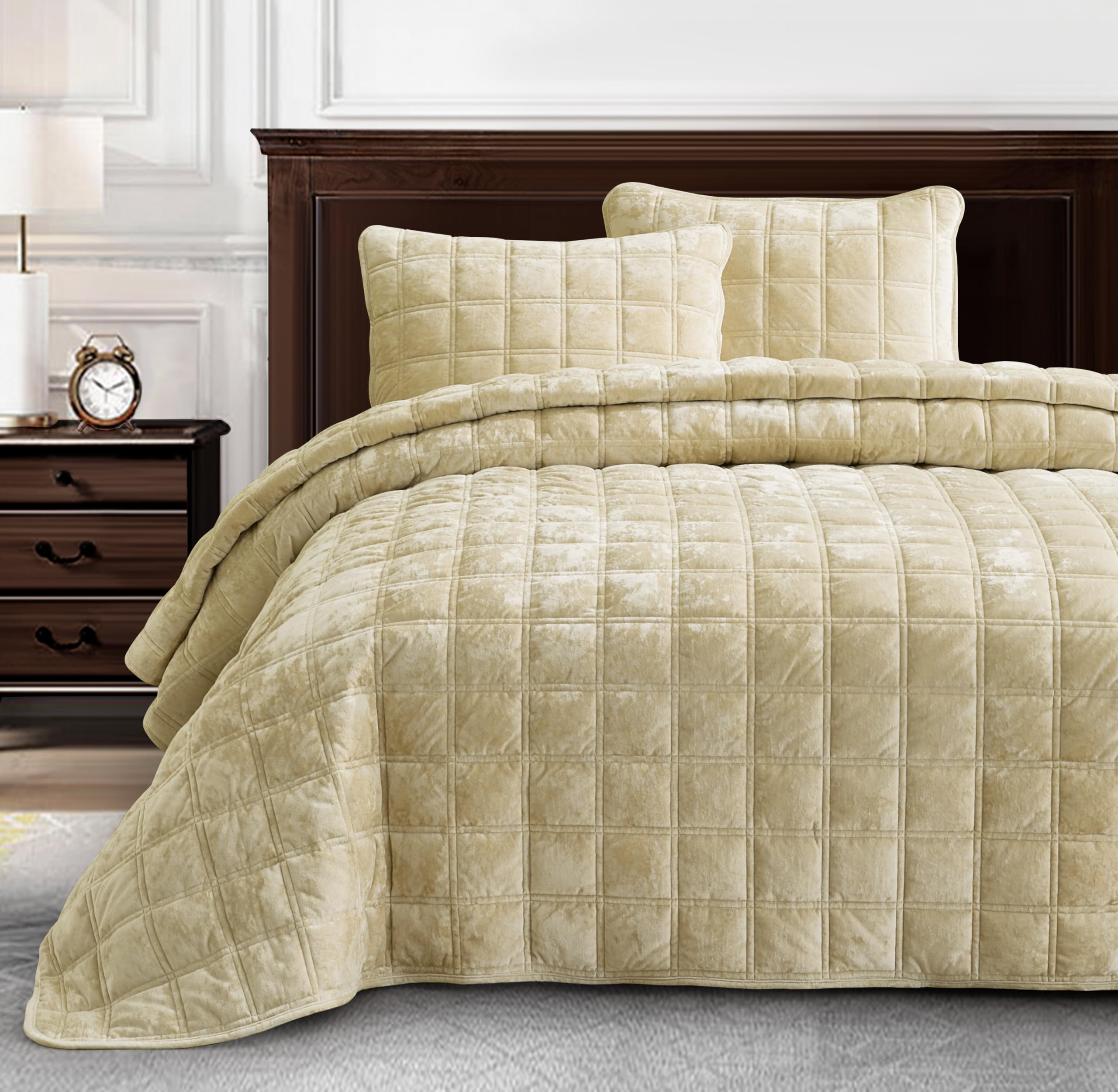 Amazon.com: Chezmoi Collection Piers Beige Velvet Quilt Queen Set 