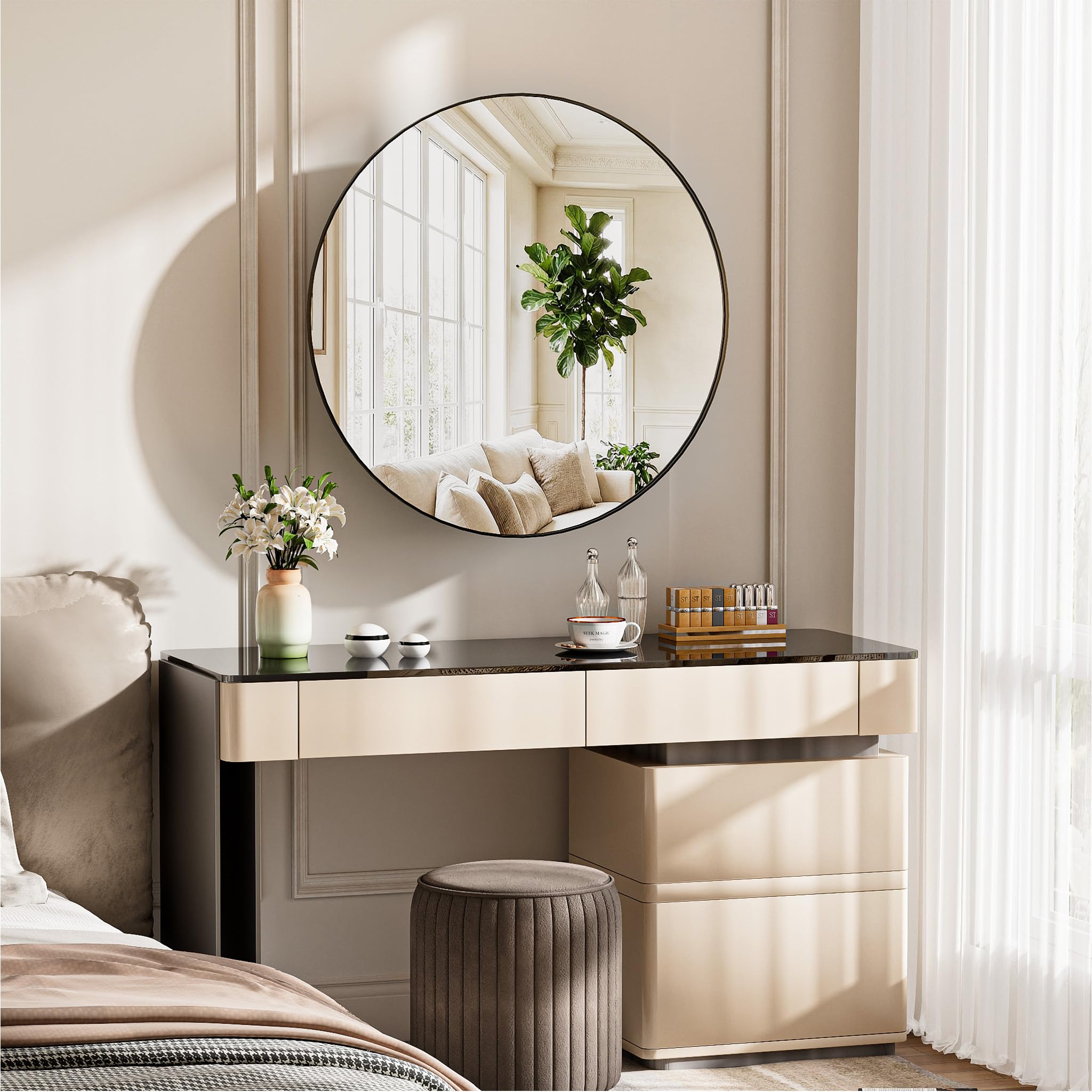Armoire Salle de Bain avec Miroir Murale Arrondi Métal Armoire de Toilette Miroir avec 2 Étagère Noir (Aucun Assemblage requis) 52x52x12.5 cm