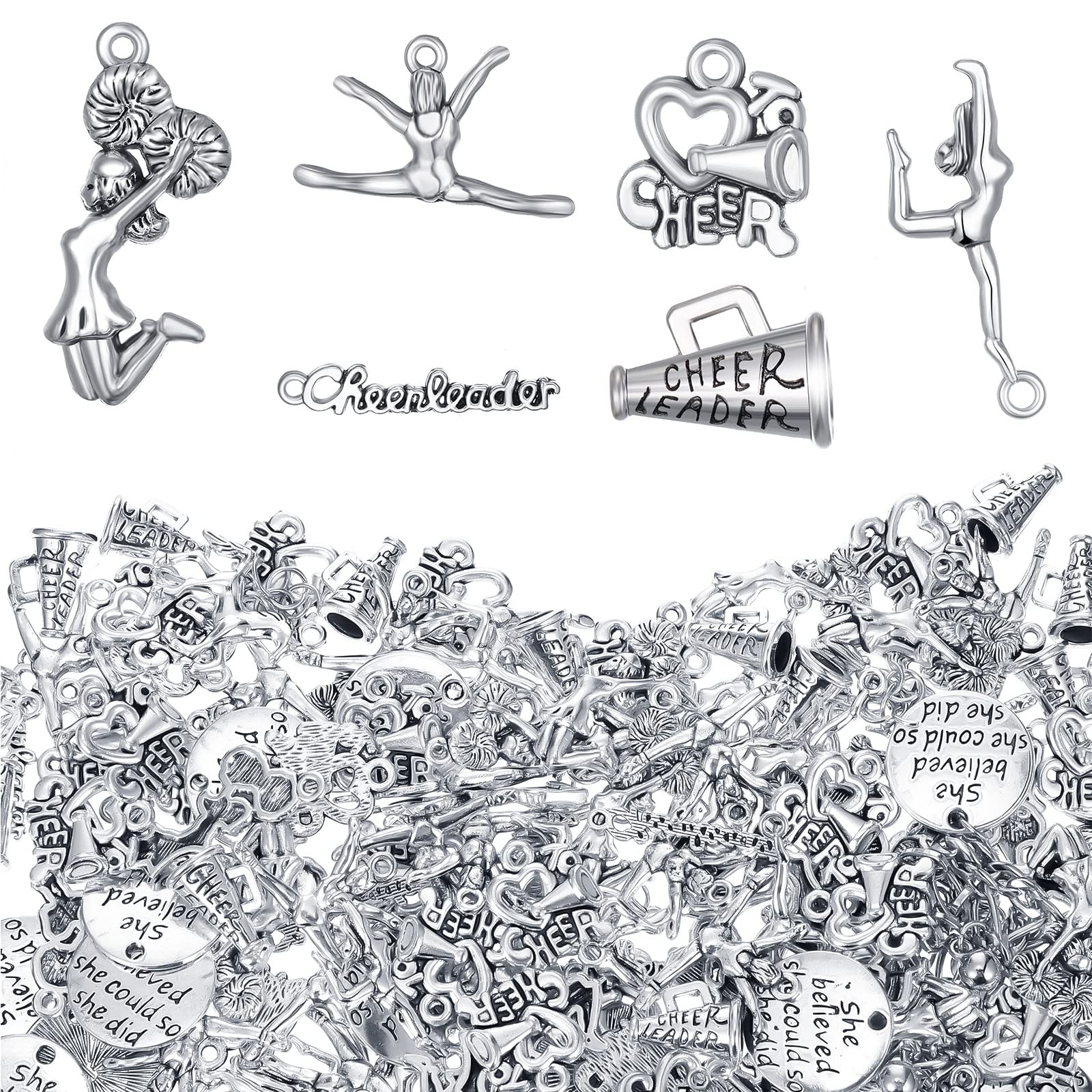 Yinkin 175 Pcs Cheerleader Charms Pendants Gymnastics Charm Sports with 200 Pcs Jump Rings for Crafting Jewelry Findings Making Accessory for DIY