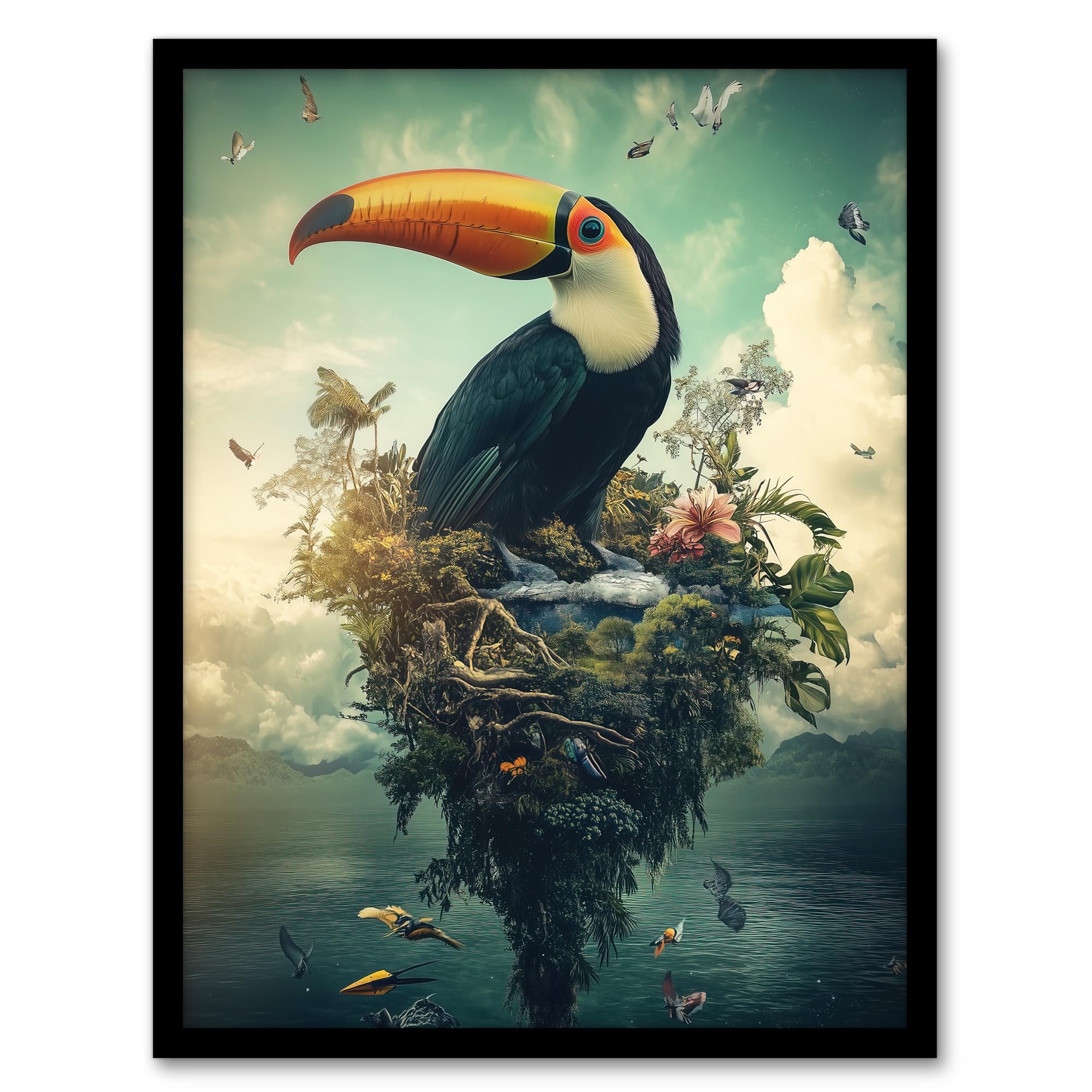 Artery8 Surreal Fantasy Toucan Bird Nature Retreat Living Room Artwork Framed Wall Art Print A4