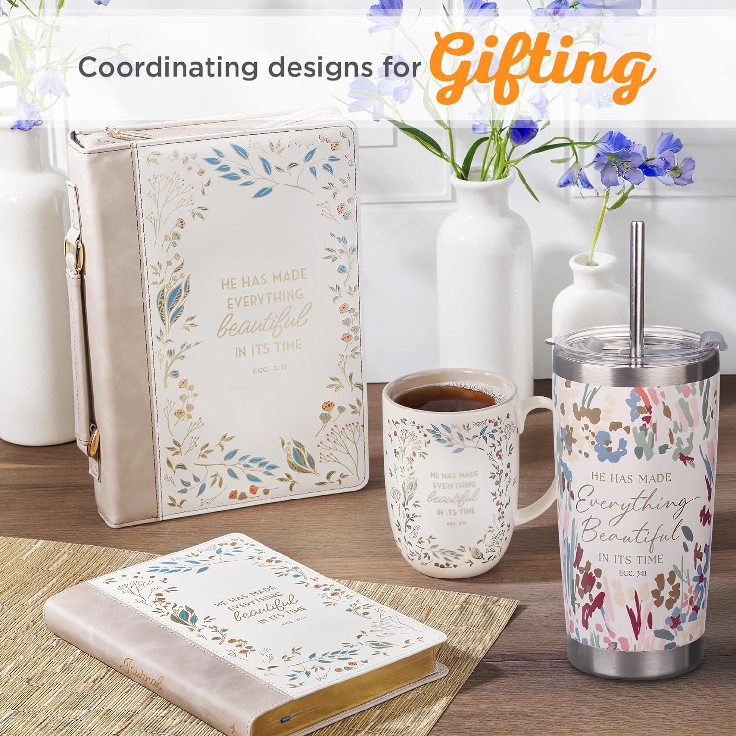 Christian Art Gifts Large Travel Tumbler for Women Stainless Steel Vacuum Insulated Inspirational Scripture: Everything Beautiful, Lid, Straw, White & Pink Floral, 18 oz. - Image 6