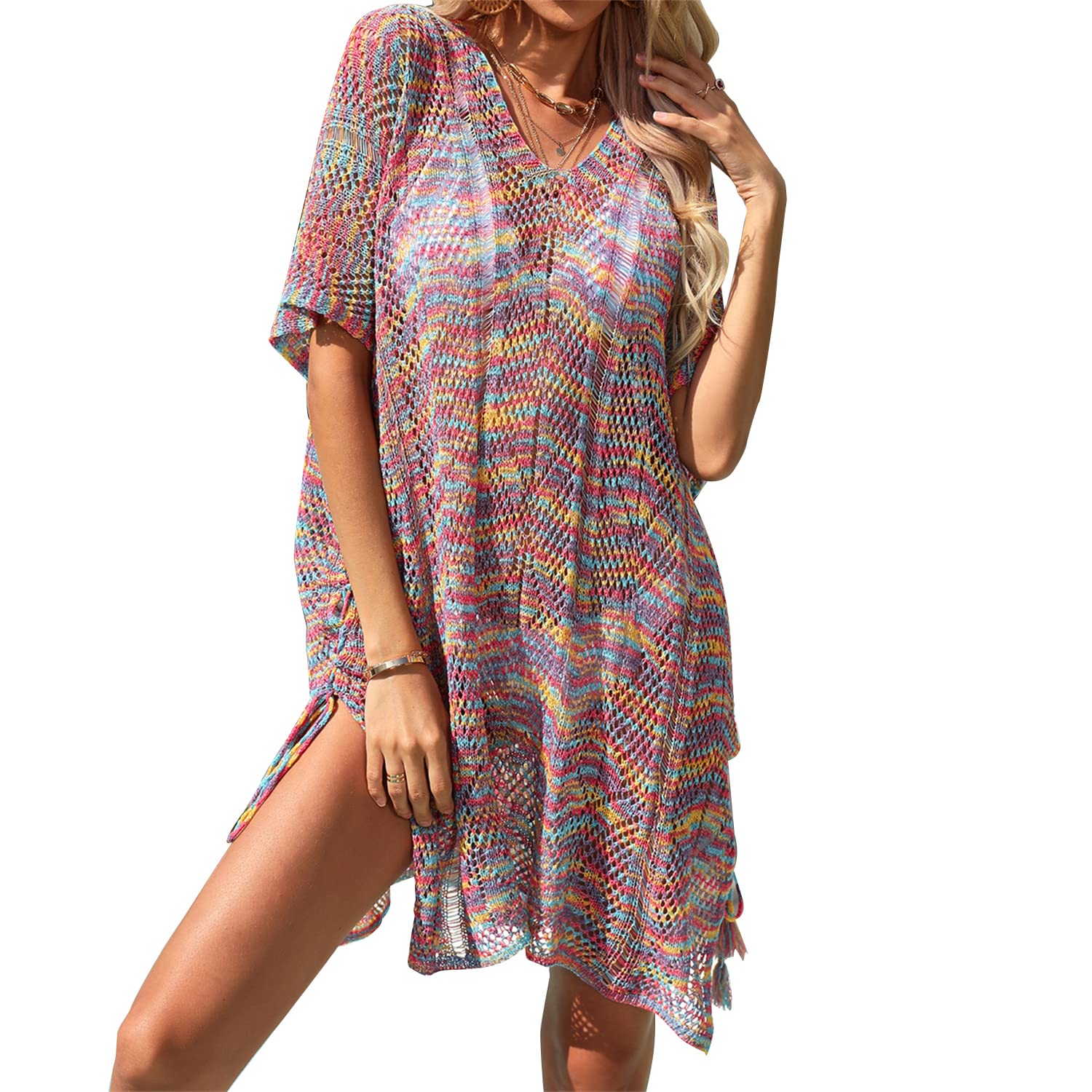 SpmorWomen Swimsuits Cover Ups Knit V Neck Crochet Short Sleeve Tie Side Coverups Dark Purplish one Size