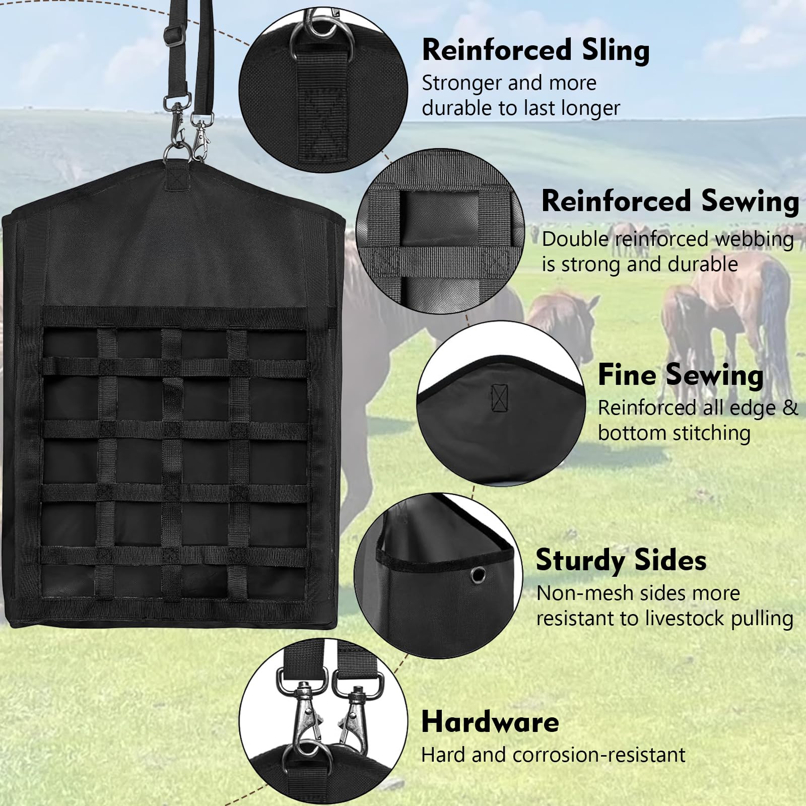 Hay Bags for Horses, 3 Packs Slow Feed Nylon Hay Bag with Large Opening, Premium Oxford Hay Feed Bags for Horse, Goats,Sheep,Cow, Easy to Fill and Hang, Front Hay Net Design - 3