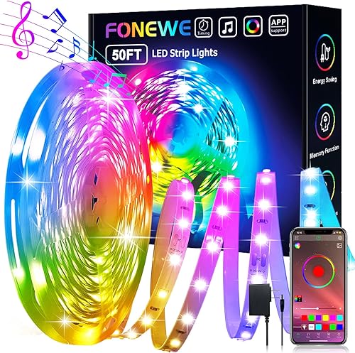 FONEWE Tira de luces LED RGB de 50 pies para dormitorio, sincronización de música RGB, cambio de color, tira de luz LED para Halloween, Navidad,