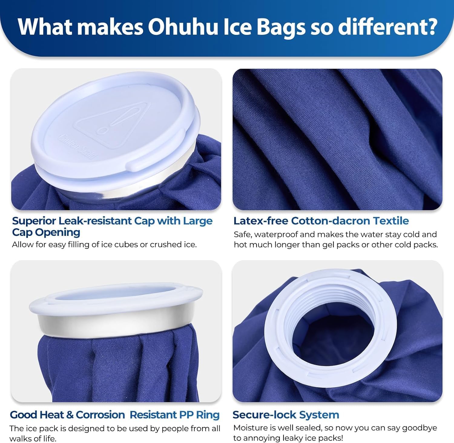 Ice Bags for Injuries Reusable: Ohuhu 3 Packs Ice Cold Packs Ice Bag Hot Water Hot & Cold Therapy Pain Relief for Knee Leg Injury No-Leak Breathable Waterproof Ice Bags 3 Sizes 6"/9"/11", Blue
