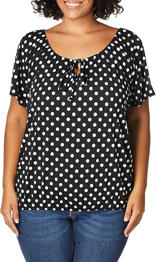 Star Vixen Women's Plus Size Shrt/Slit SLV Keyhole-Tie Peasant Top W Bubble Hem