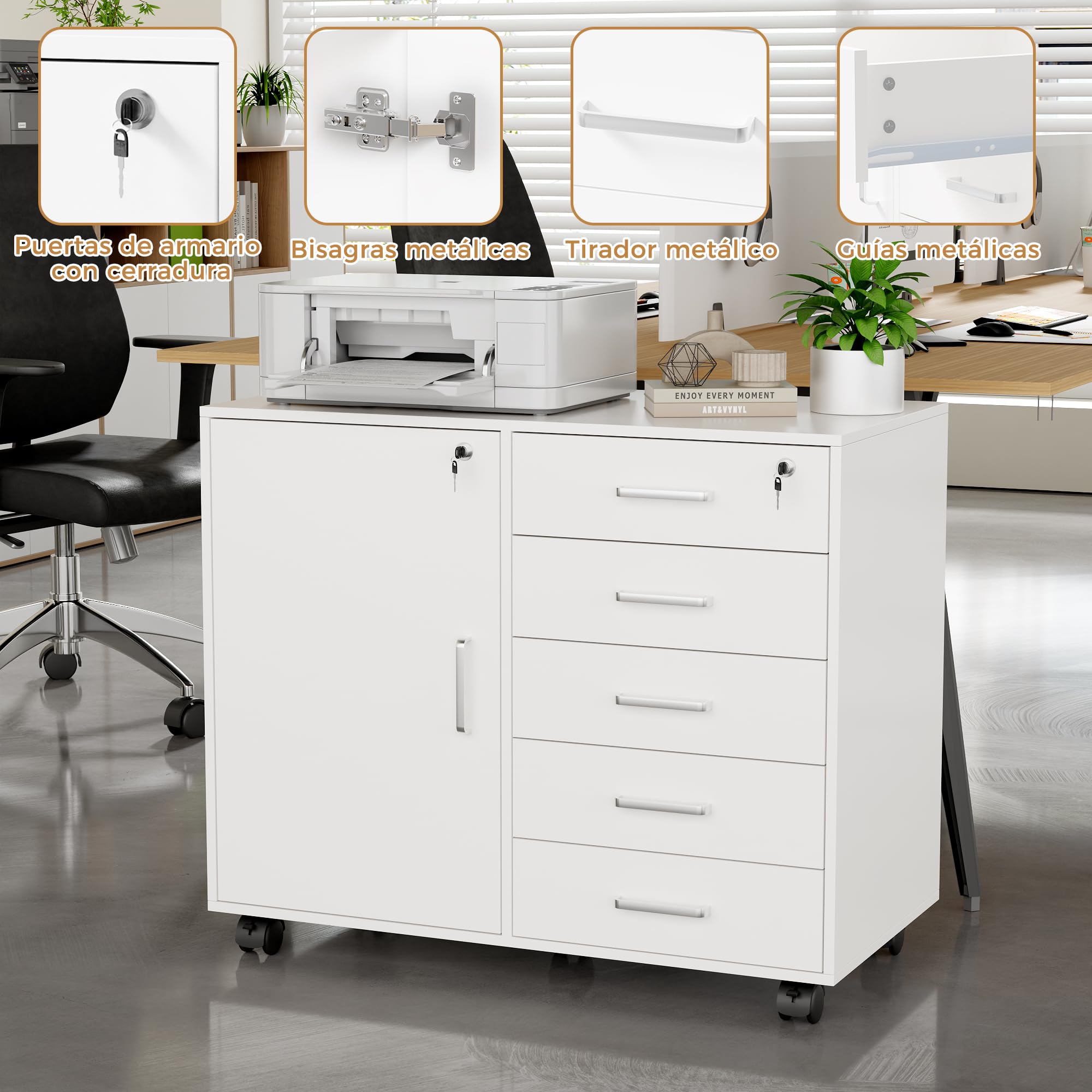 BEWISHOME Archivador MóViles con 5 Cajones Y Cerradura, Moderno Archivador MóVil con Cerradura, Cajonera Oficina, Adecuado para Oficinas Y Estudios, 78 X 40 X 65.5cm, Blanco EBWG01W