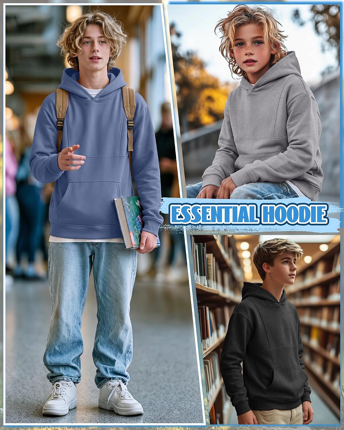 3 Pack Boys Hoodies Kids Pullover Long Sleeve Hooded Sweatshirts with Pocket Basic Casual Hoodies for 5-14 Years