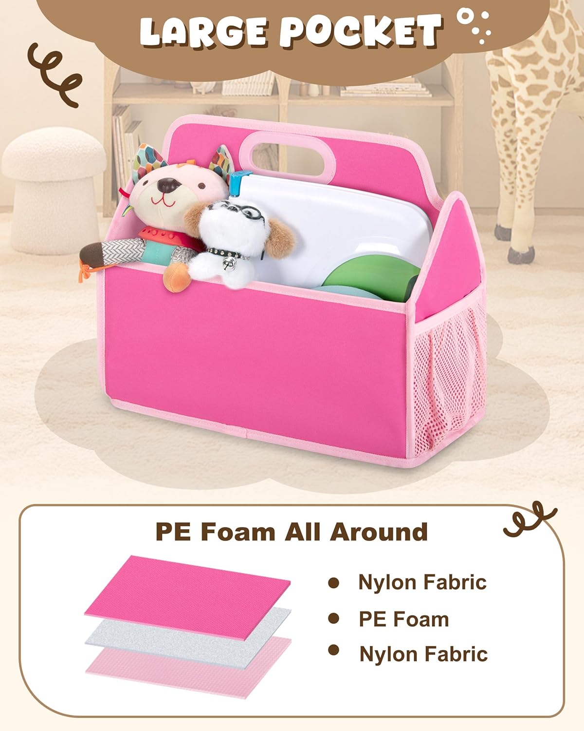 LoDrid Portable Bookshelf with 4 Deep Sleeves and Handle for Kid Room, Storage Book Case with Multiple Pockets for Kid Nursery, Pink, Patent Designed