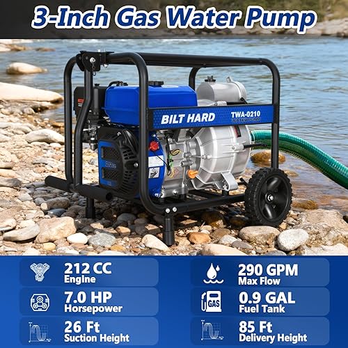 Vista 2 de BILT HARD Bomba de basura de 3 pulgadas, bomba de agua a gas de 290 GPM 7HP, motor de 4 ciclos de 212 cc con mango y ruedas, manguera de descarga